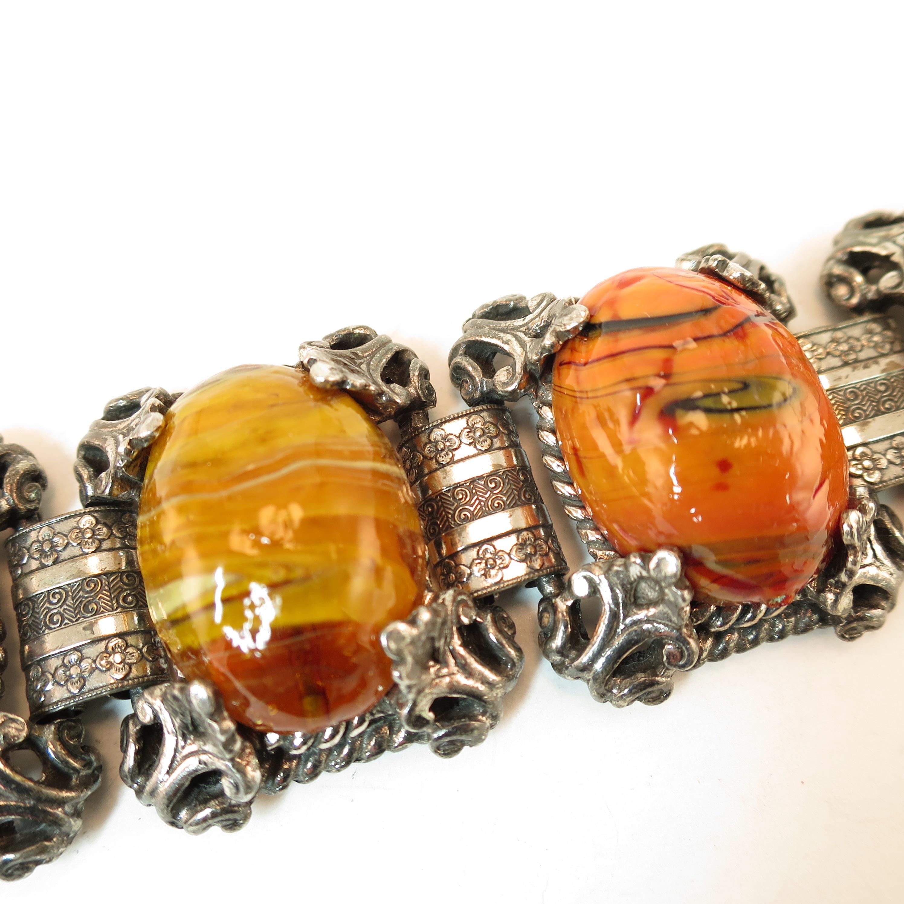 Mid-Century Selro Agate Art Glass Florentine Link Bracelet, 1950s For Sale 1