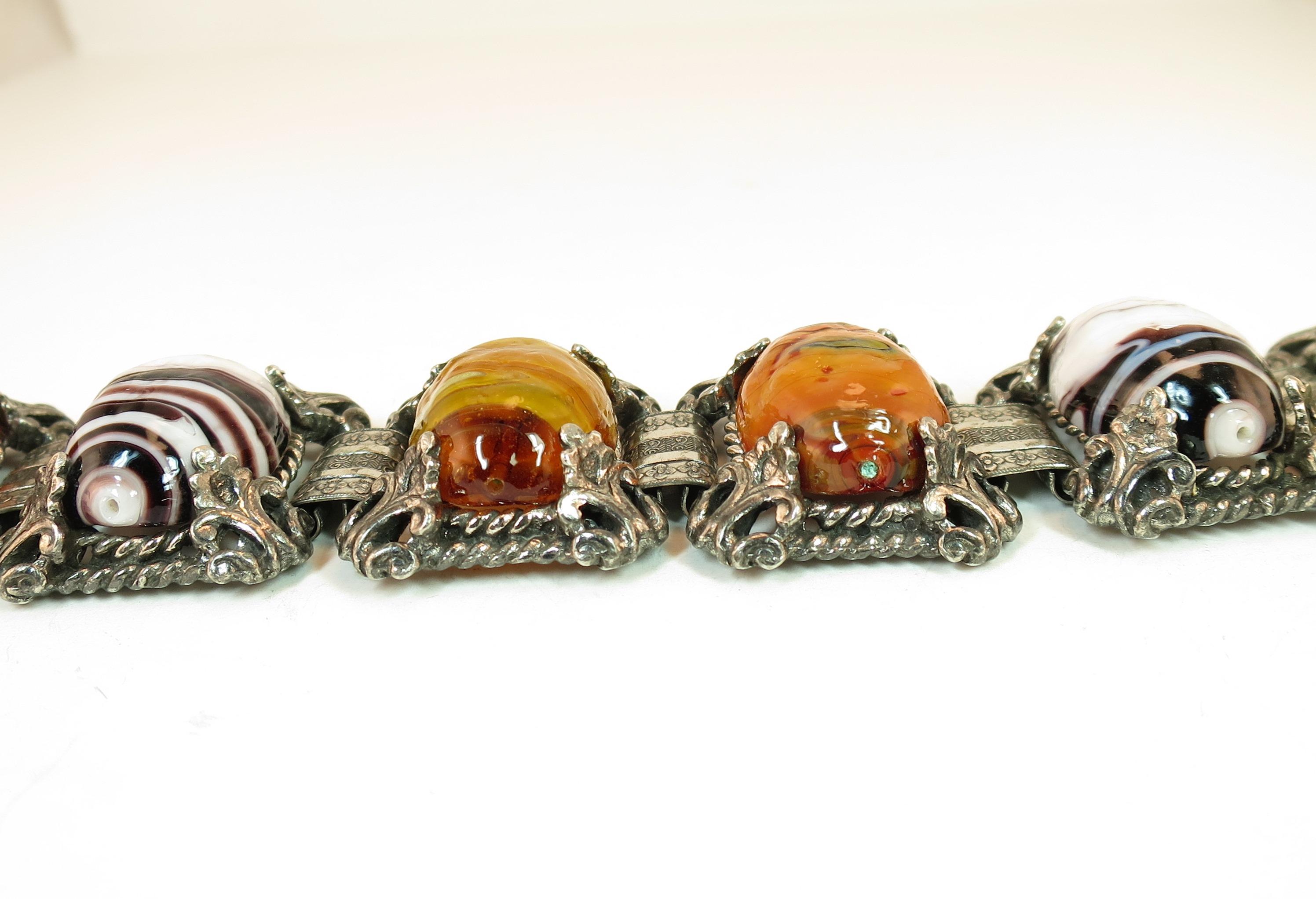 Mid-Century Selro Agate Art Glass Florentine Link Bracelet, 1950s For Sale 4