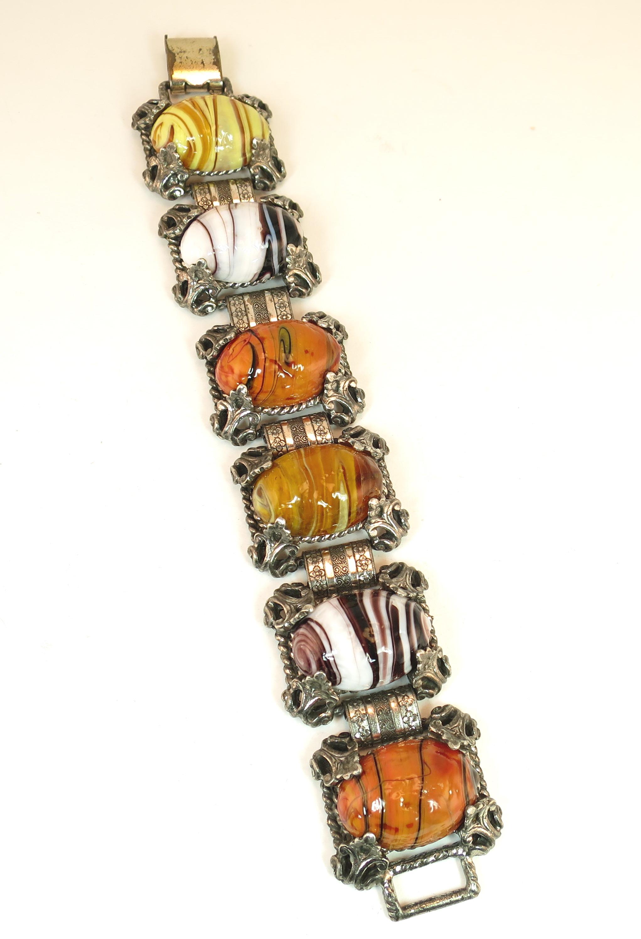 Mid-Century Selro Agate Art Glass Florentine Link Bracelet, 1950s For Sale 5
