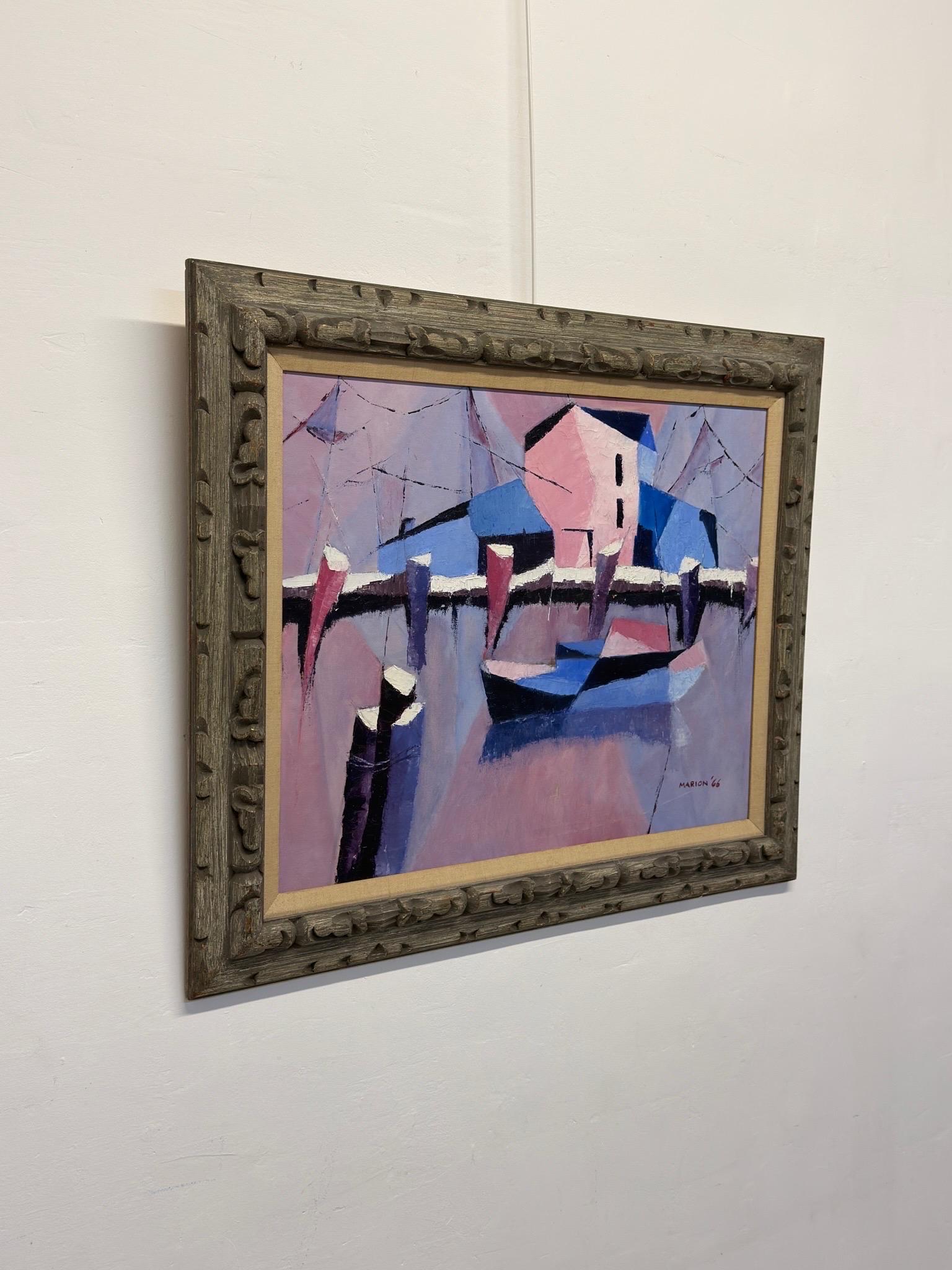Pintura semiabstracta de mediados de siglo, acrílico sobre lienzo, Marion '66 en Bueno estado para la venta en Miami, FL