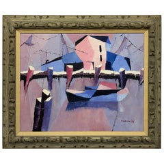 Mid-Century Semi-Abstract Acrylic on Canvas Painting, Marion ‘66