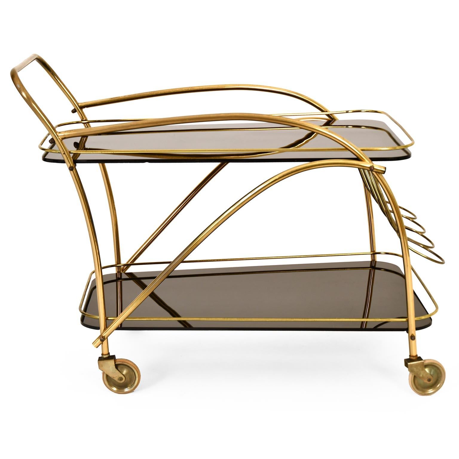 Mid-Century Modern Mid-Century Serving Cart Style Cesare Lacca Italy 1950 Black Glass Brass For Sale