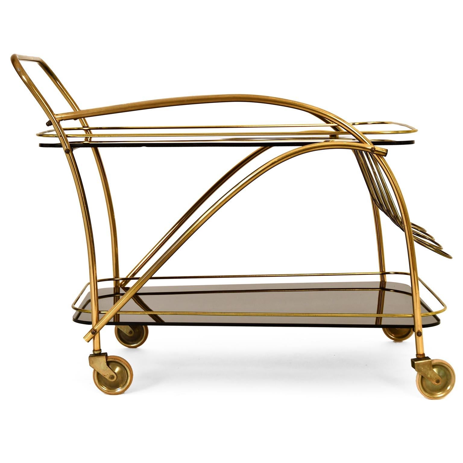 Italian Mid-Century Serving Cart Style Cesare Lacca Italy 1950 Black Glass Brass For Sale