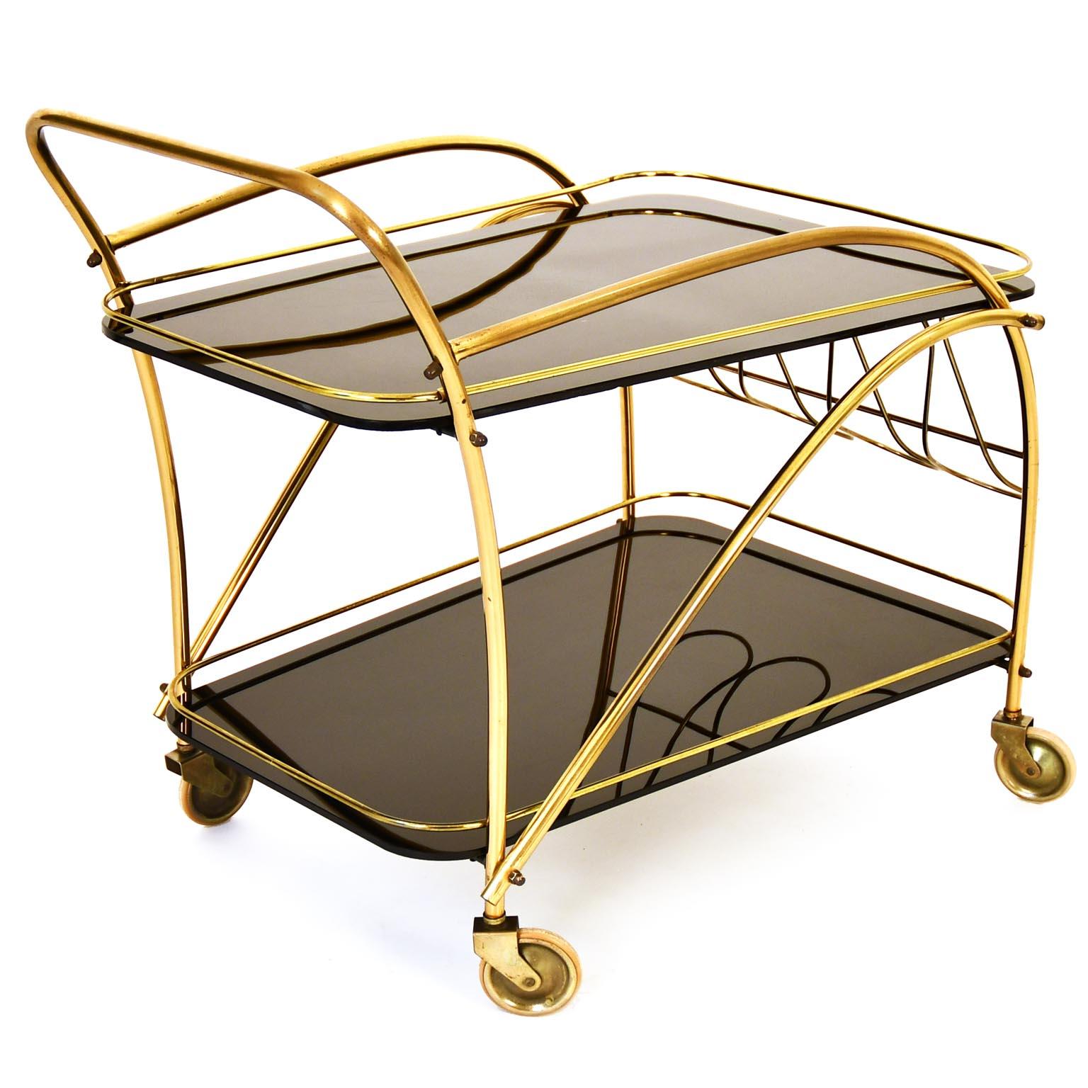 Mid-Century Serving Cart Style Cesare Lacca Italy 1950 Black Glass Brass In Good Condition For Sale In Vienna, AT