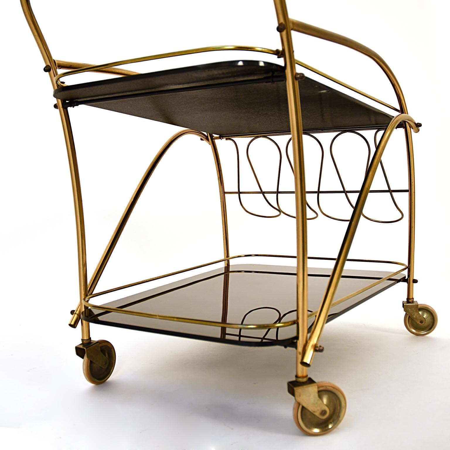 Mid-20th Century Mid-Century Serving Cart Style Cesare Lacca Italy 1950 Black Glass Brass For Sale