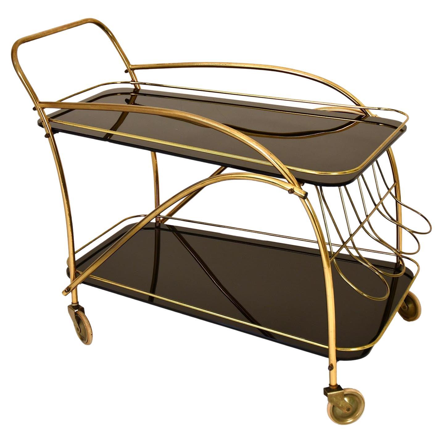Mid-Century Serving Cart Style Cesare Lacca Italy 1950 Black Glass Brass For Sale