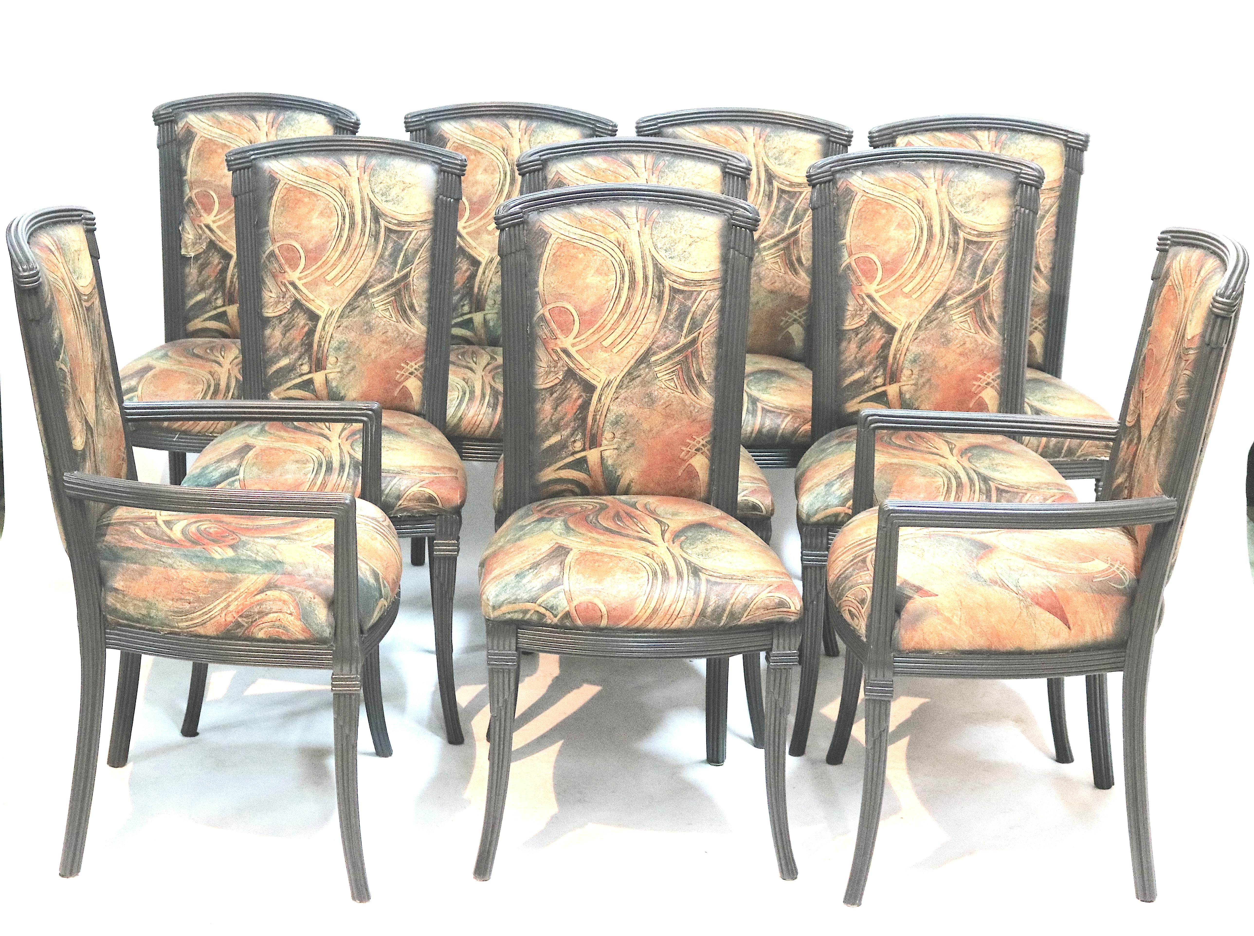 Nicely Detail Carved Frame Dining Chairs newly painted in charcoal gray satin lacquer.  Chairs will look gorgeous when re-upholstered.
Elegant Interior Crafts set of 10 dining chairs, Mid-Century Modern dine in style with eight armless and two