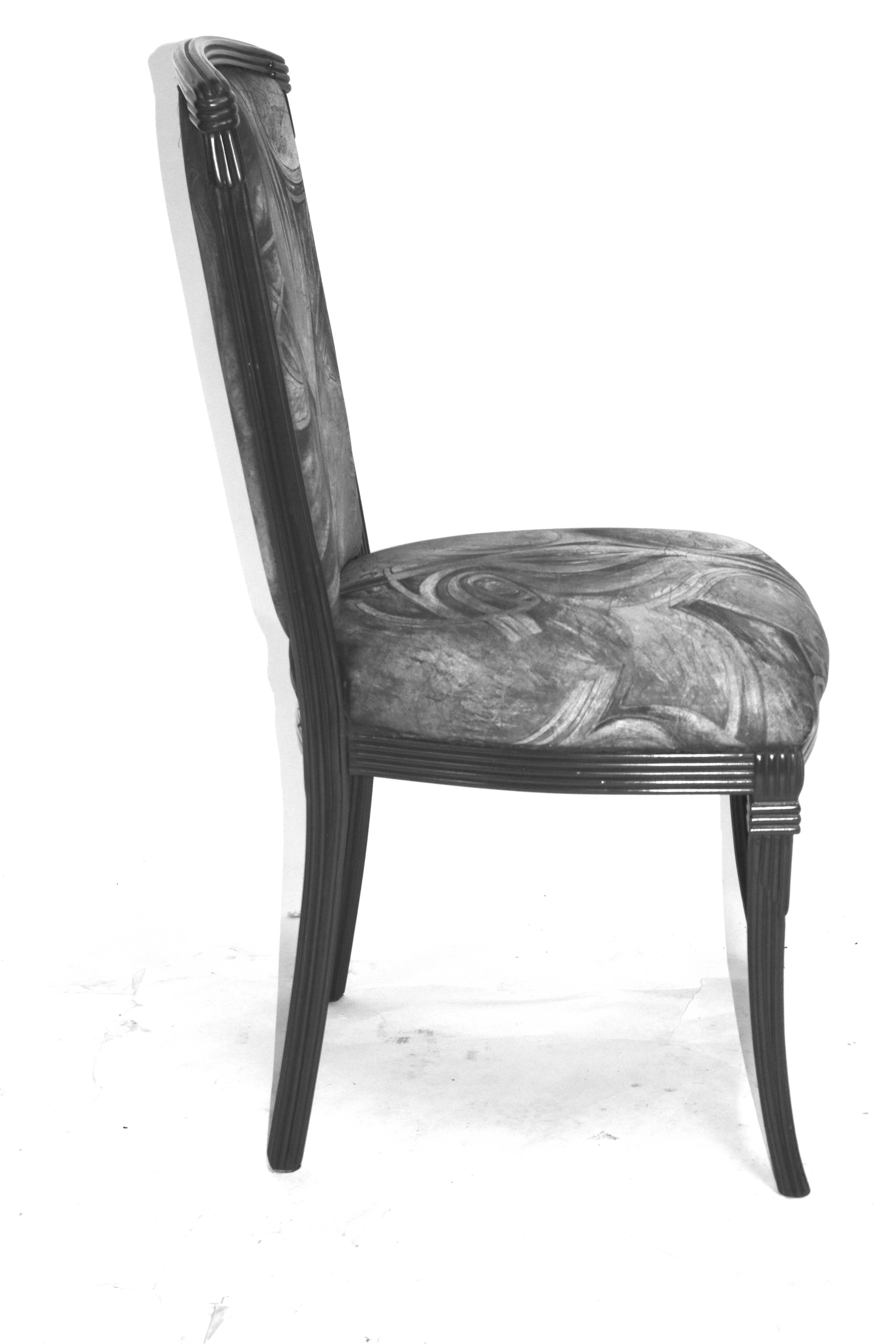 Carved Mid-Century Set 10 Dining Chairs, Charcoal Gray Lacquer-Interior Crafts Mfg. For Sale