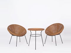Mid-Century Set, Chairs and Coffee Table in Rattan, Wicker and Iron, Italy 1950s