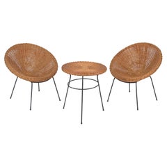 Vintage Mid-Century Set, Chairs and Coffee Table in Rattan, Wicker and Iron, Italy 1950s