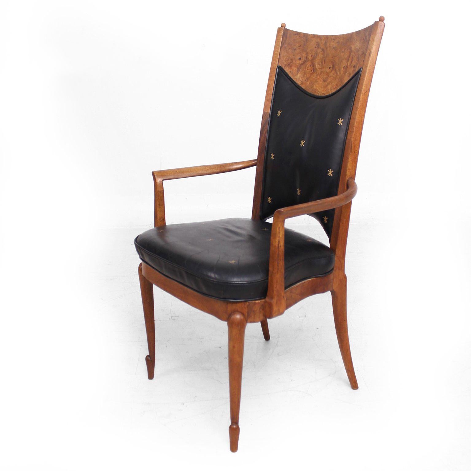Mid-Century Set  Four Dining Chairs Walnut and Leather Attributed to Heritage In Excellent Condition In Chula Vista, CA