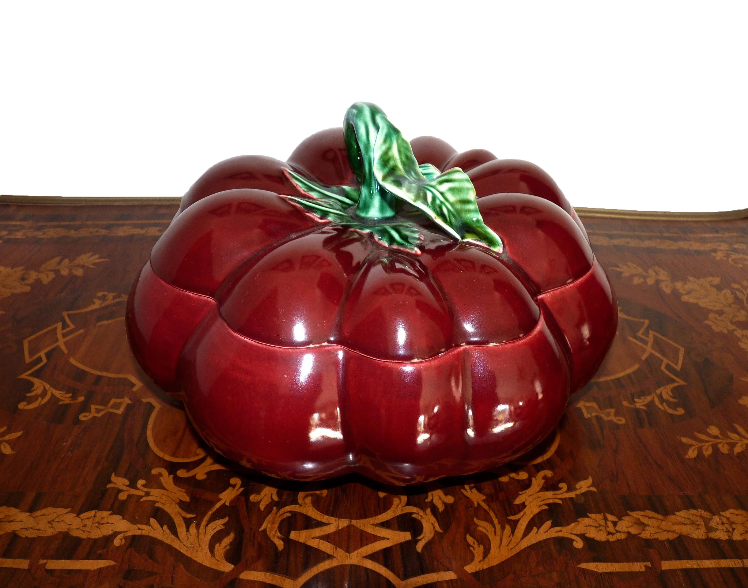 Mid-Century Modern Midcentury Set Majolica Red Tomato Ceramic Covered Tureen Box & Sugar Jam Bowl 