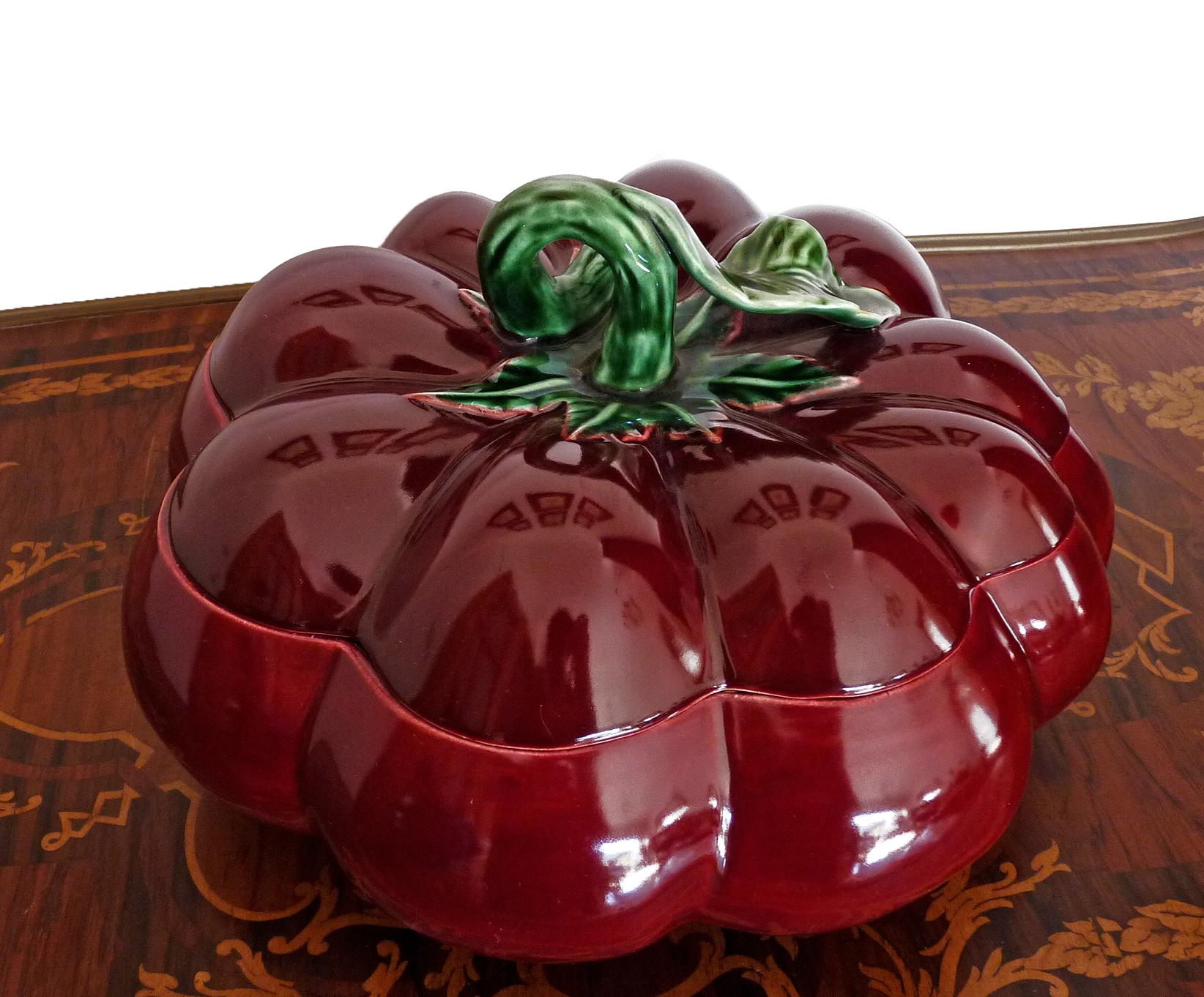 Glazed Midcentury Set Majolica Red Tomato Ceramic Covered Tureen Box & Sugar Jam Bowl 