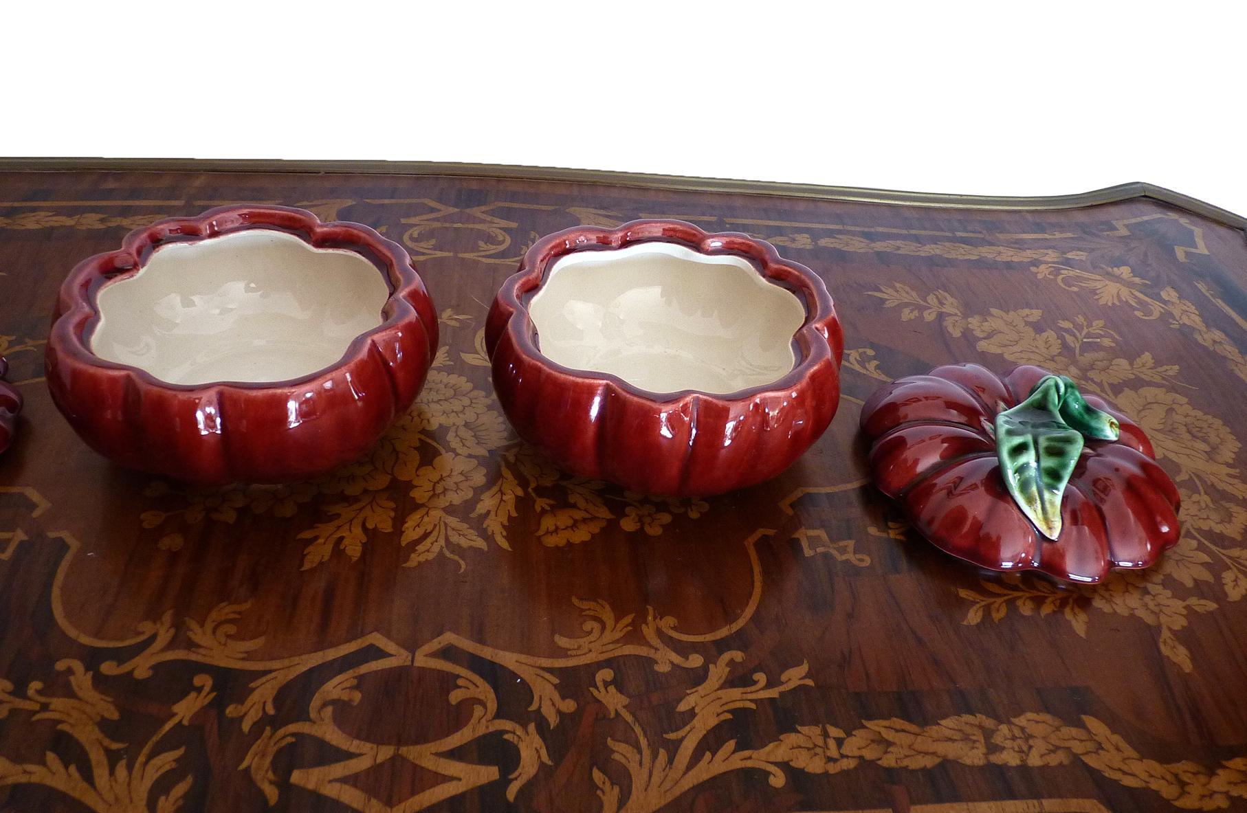 Midcentury Set Majolica Red Tomato Ceramic Covered Tureen Box & Sugar Jam Bowl  2