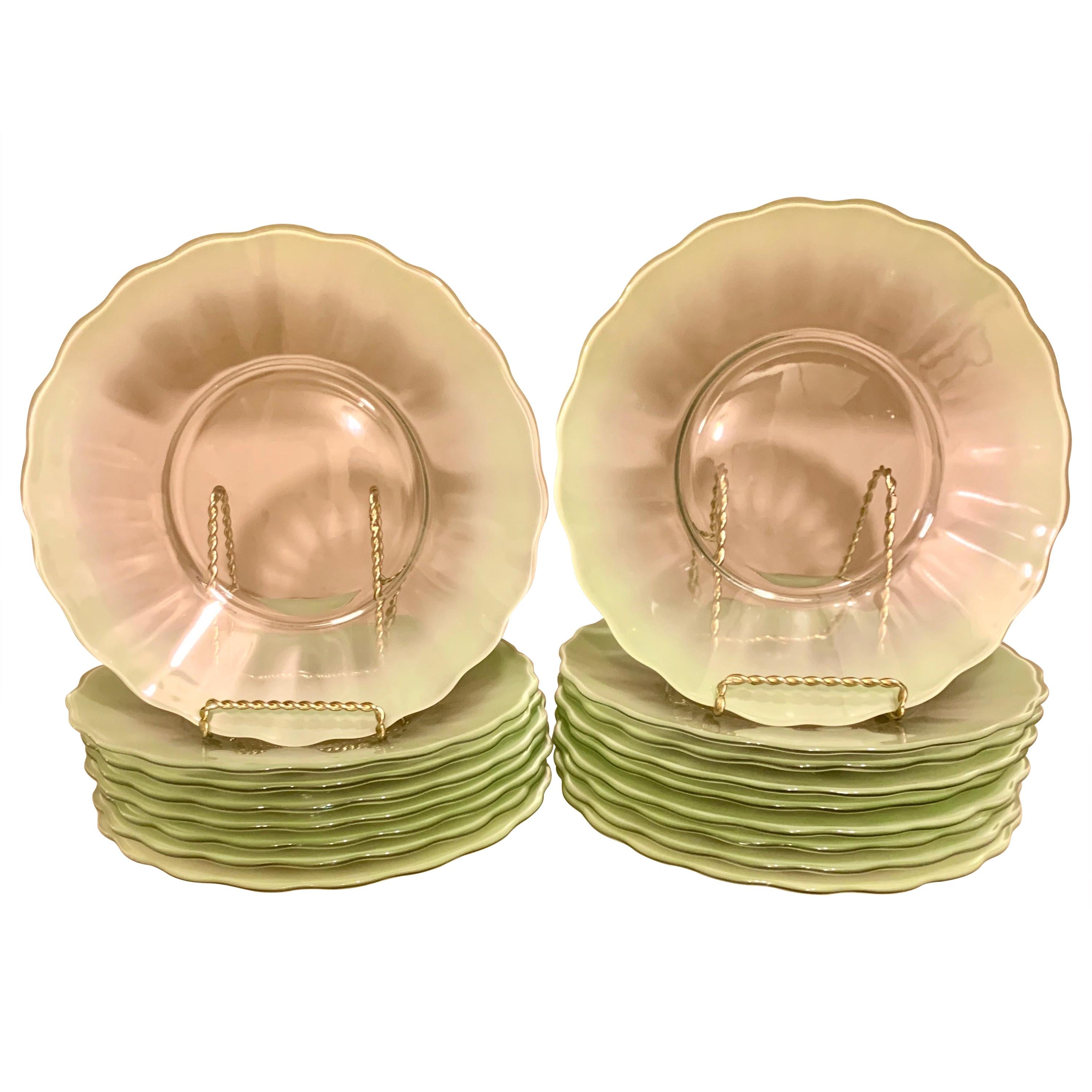 Midcentury Set of 10 Art Glass Green Translucent Plates with Scalloped Edges For Sale