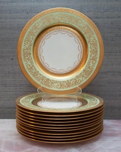 Mid Century Set of 12 Laurelton Dinner Plates in Green and Gold for Fondeville