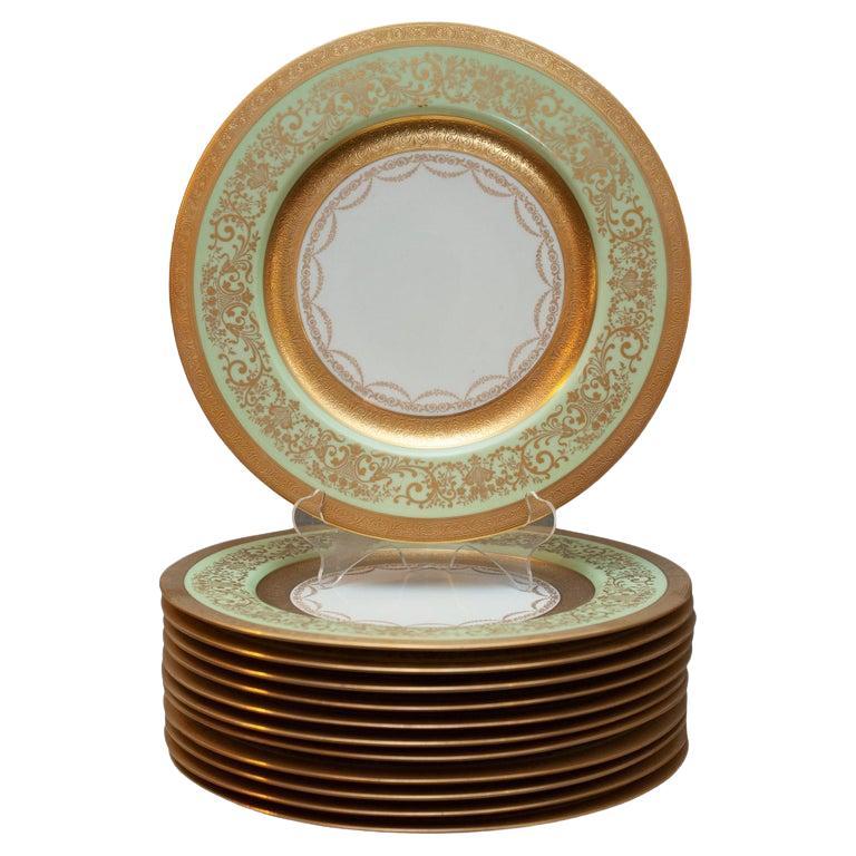 Mid Century Set of 12 Laurelton Dinner Plates in Green and Gold for Fondeville