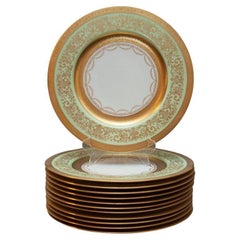 Mid Century Set of 12 Laurelton Dinner Plates in Green and Gold for Fondeville