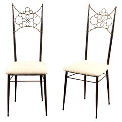 Mid-Century Set of 2 Brass, Metal and White Fabric high-backed chairs 50s Italy