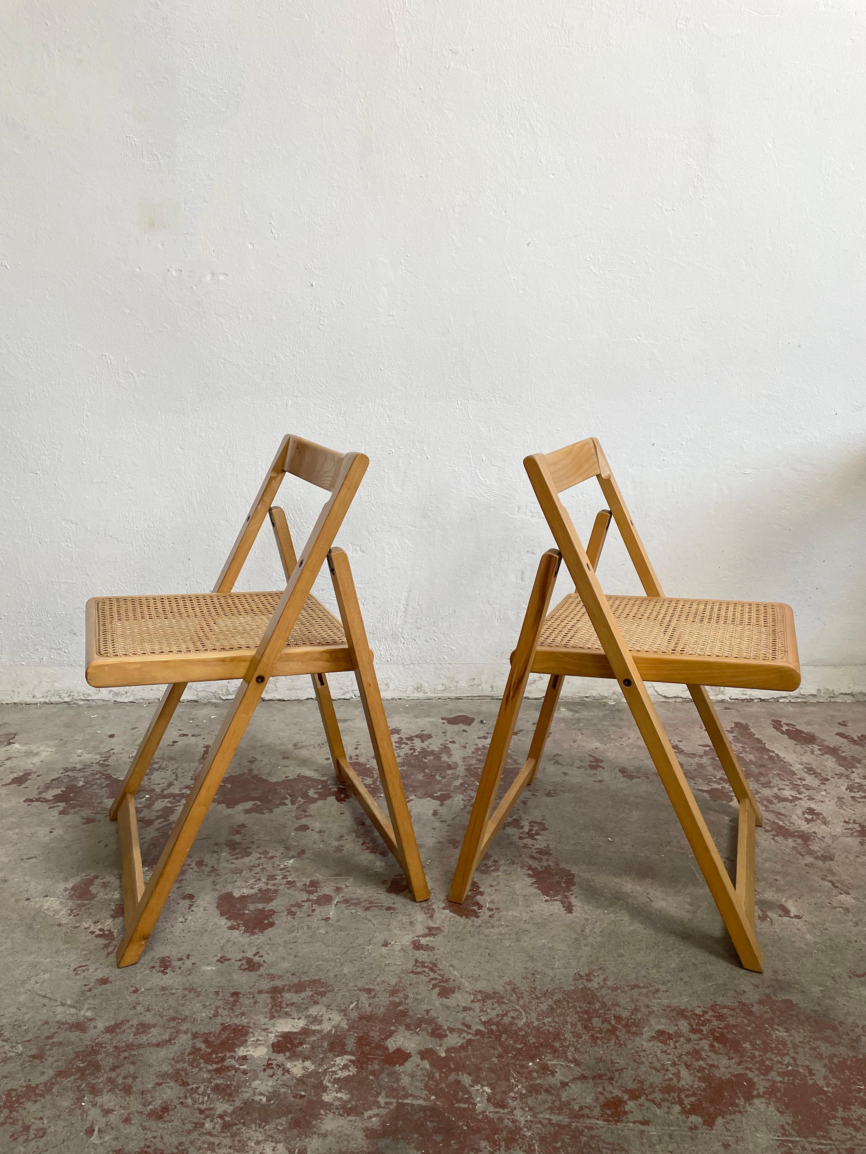 Mid Century Set of 2 Italian Caned Beech Folding Chairs, Aldo Jacober Style 1