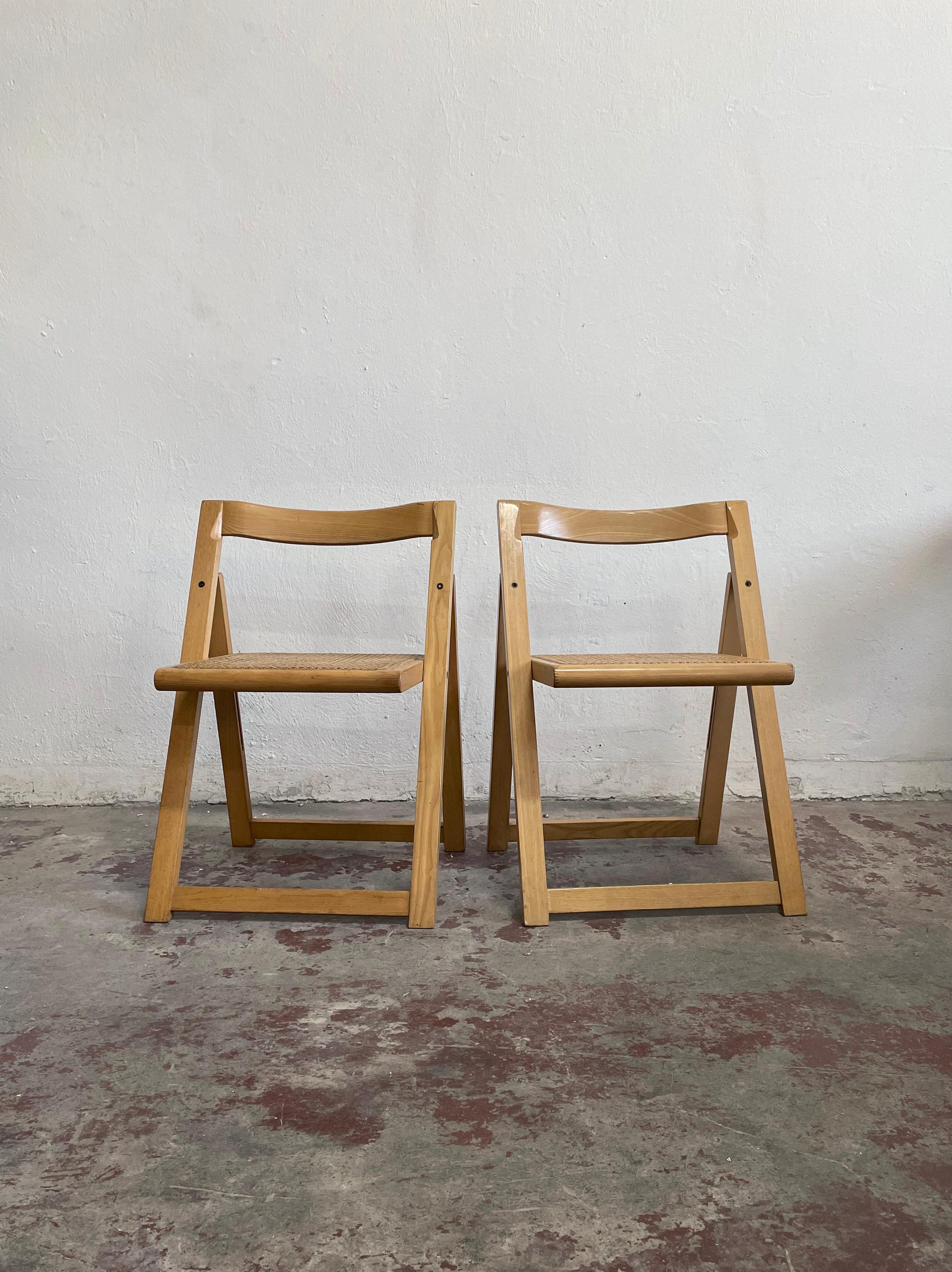 Mid Century Set of 2 Italian Caned Beech Folding Chairs, Aldo Jacober Style 3