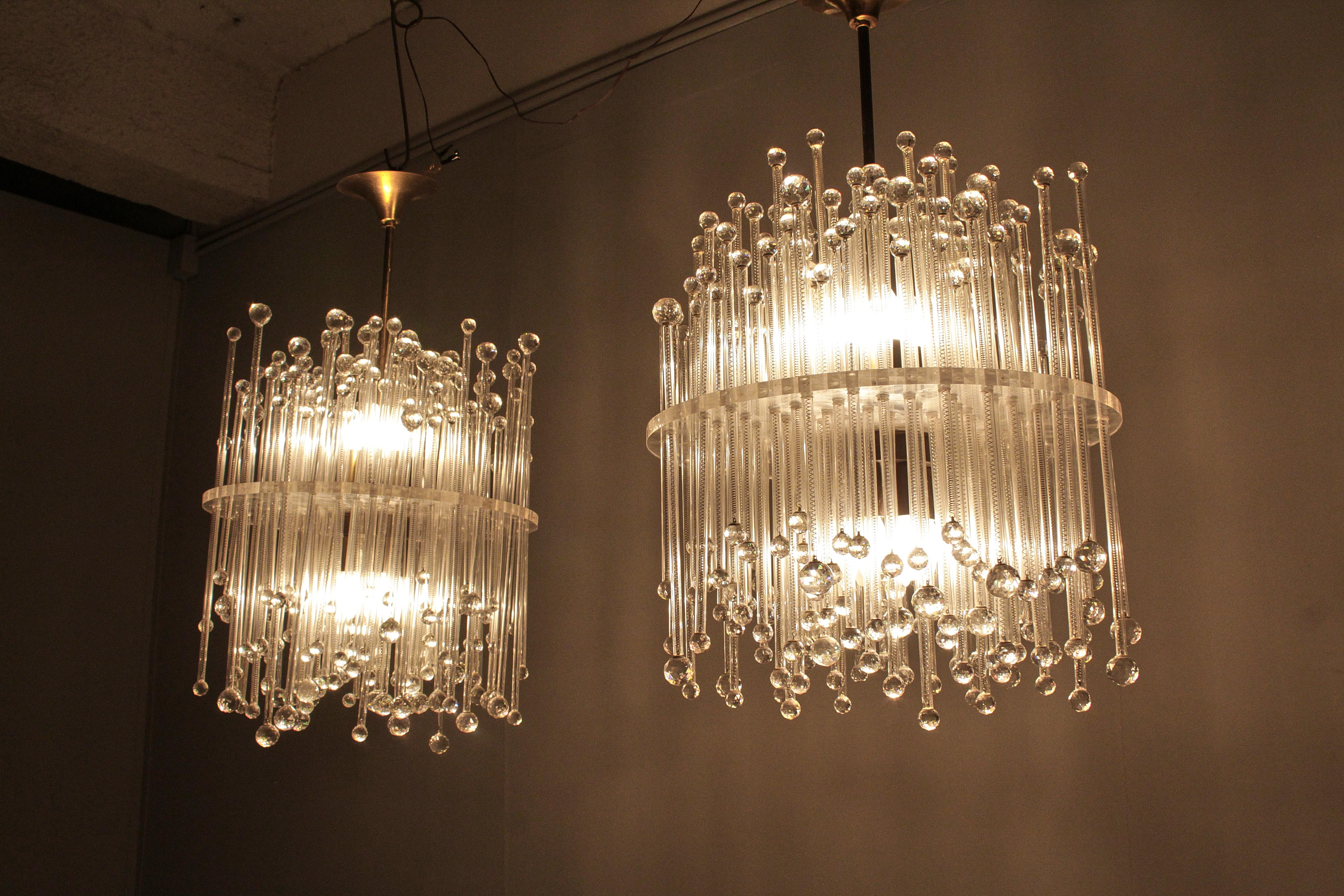Brass Mid-Century Set of 2 Italian Production Crystal Glass and Plexi Chandelier 1960s For Sale