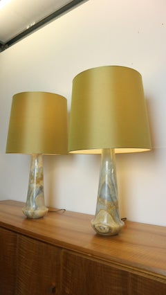 Mid-Century Set of 2 solid Marble Lamps with silk golden shade, 1960s, Italy