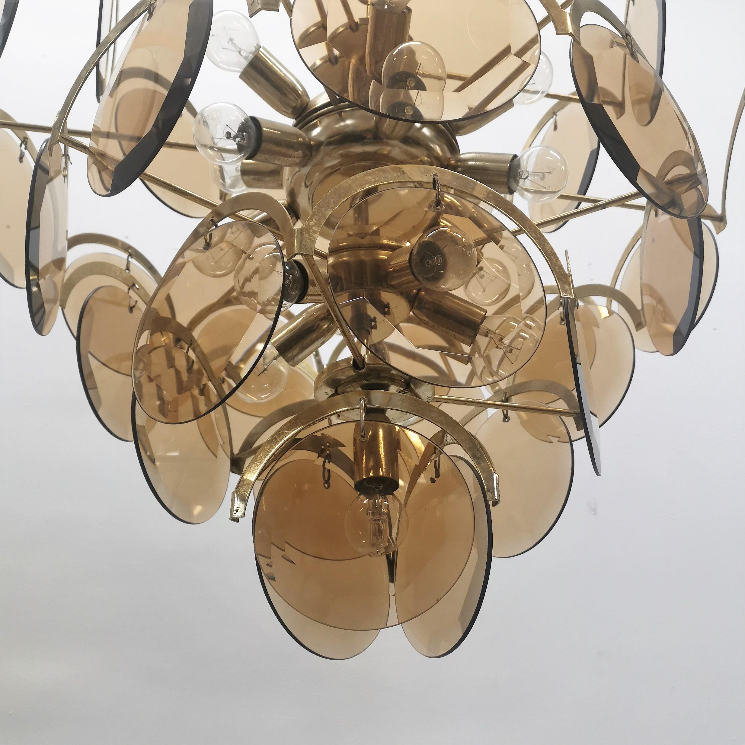 Mid-Century Set of 2 Vistosi Brass and Smoked Crystal Chandelier 1960s Italy 7