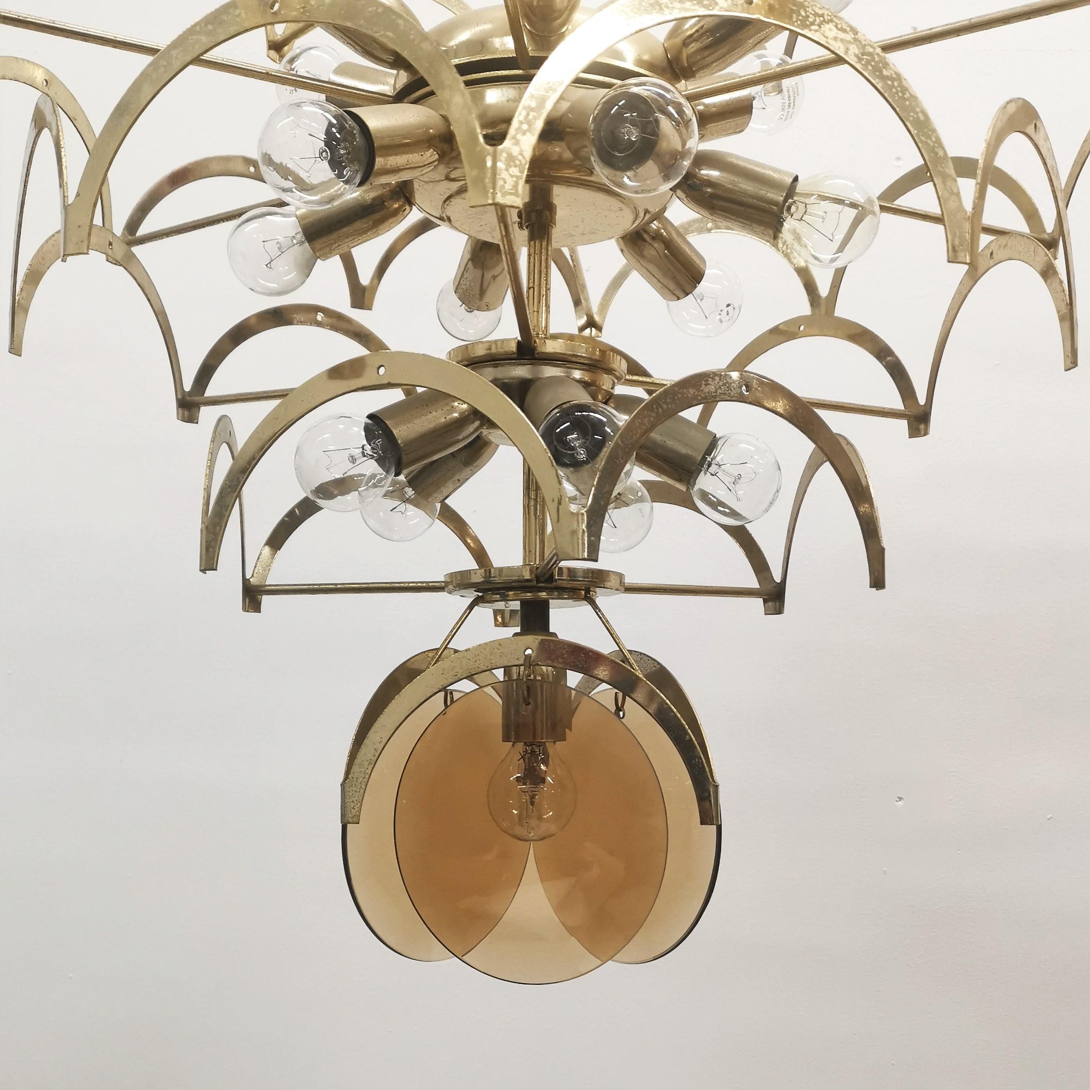 Mid-Century Set of 2 Vistosi Brass and Smoked Crystal Chandelier 1960s Italy 12