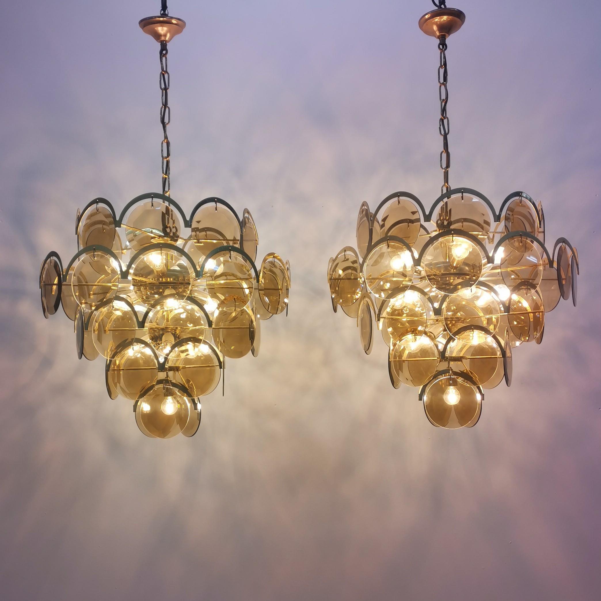 Mid-Century Modern Mid-Century Set of 2 Vistosi Brass and Smoked Crystal Chandelier 1960s Italy