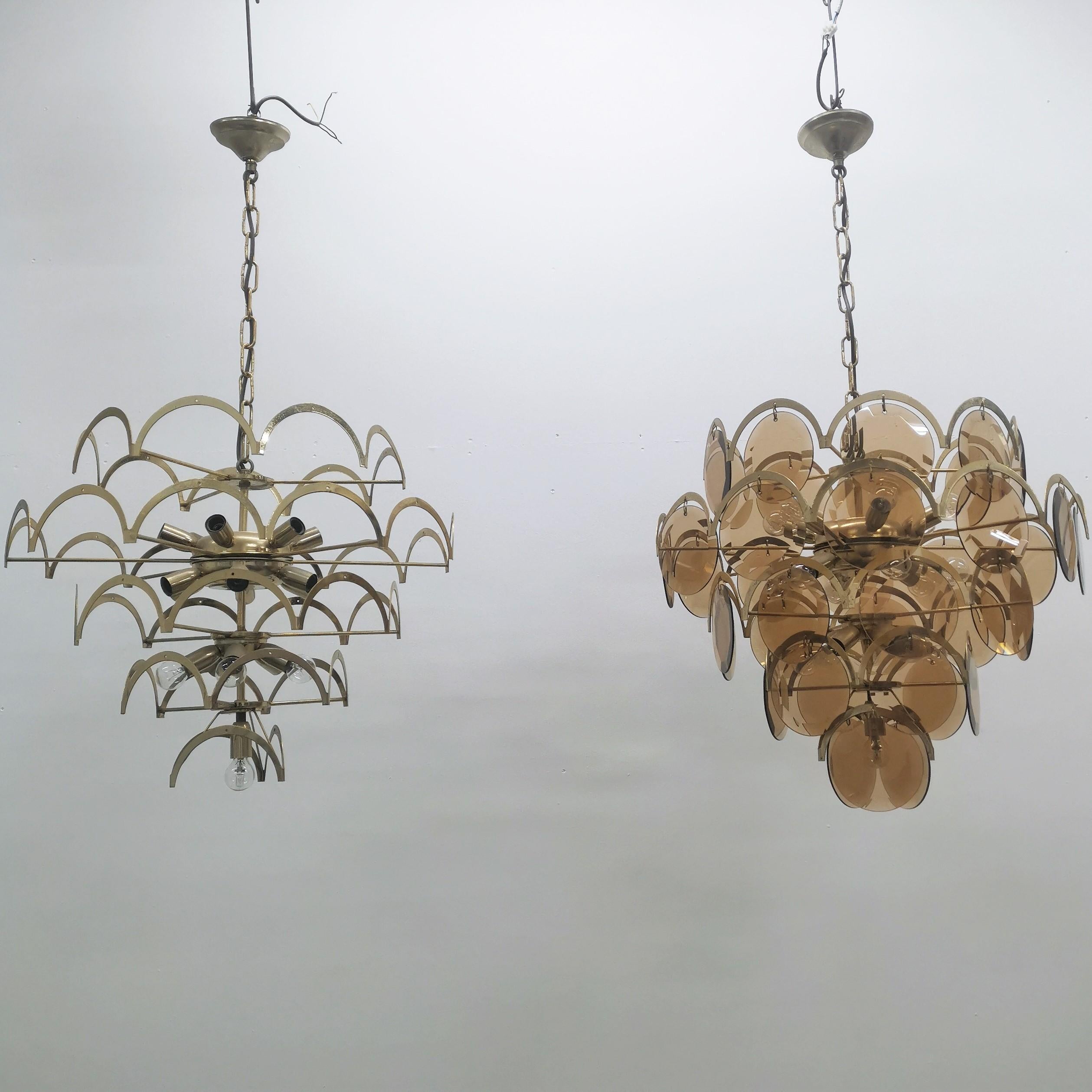 Mid-Century Set of 2 Vistosi Brass and Smoked Crystal Chandelier 1960s Italy 2