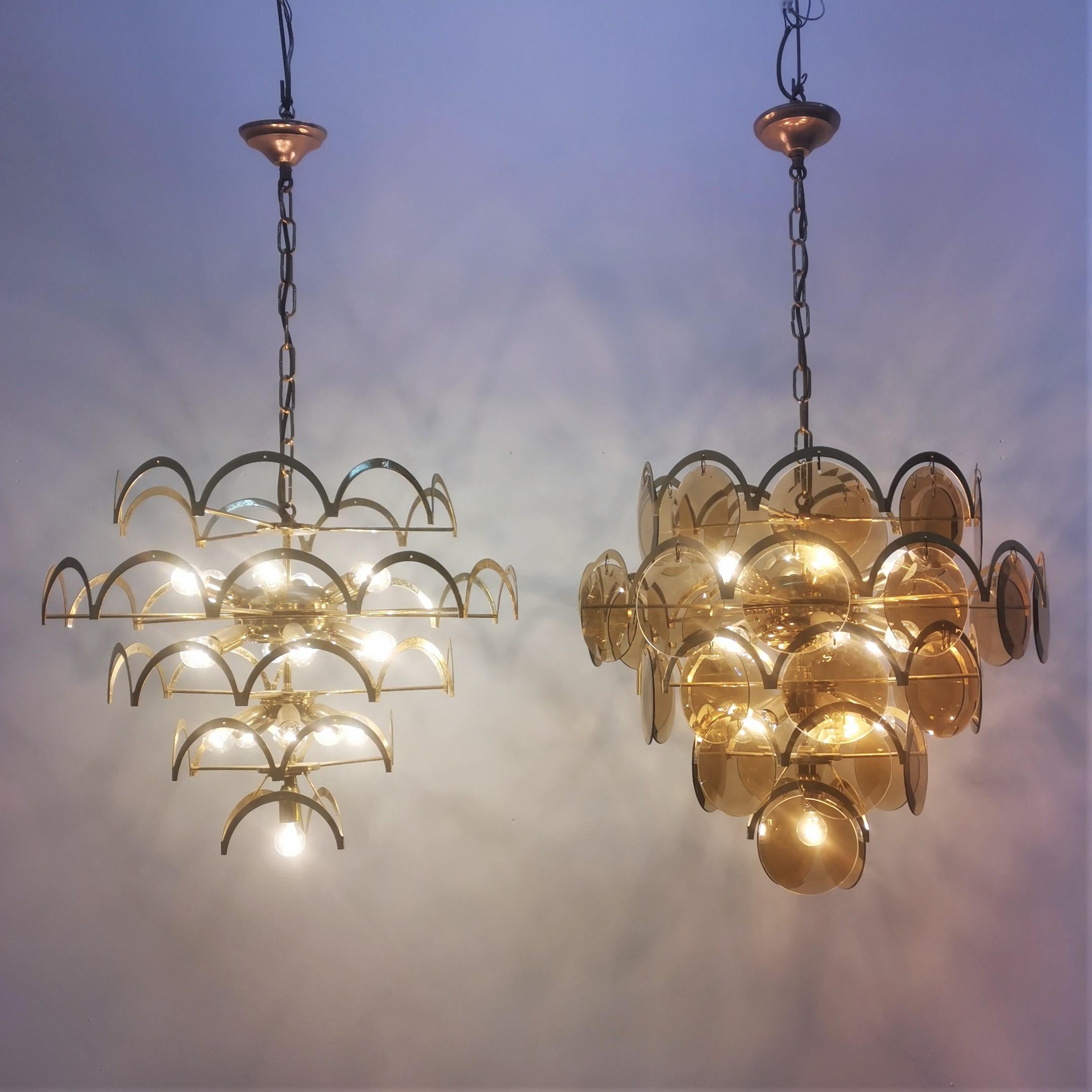 Mid-Century Set of 2 Vistosi Brass and Smoked Crystal Chandelier 1960s Italy 3