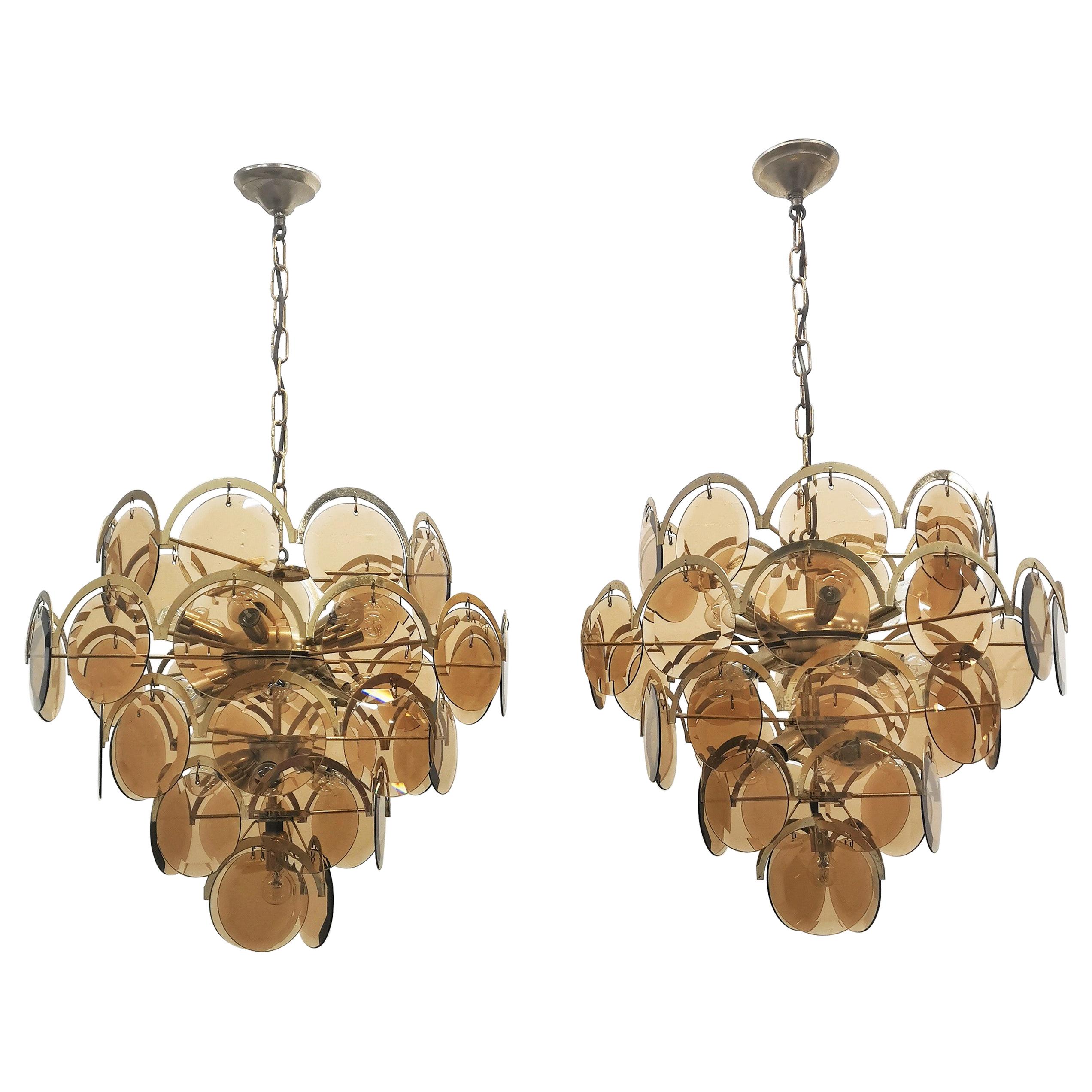 Mid-Century Set of 2 Vistosi Brass and Smoked Crystal Chandelier 1960s Italy