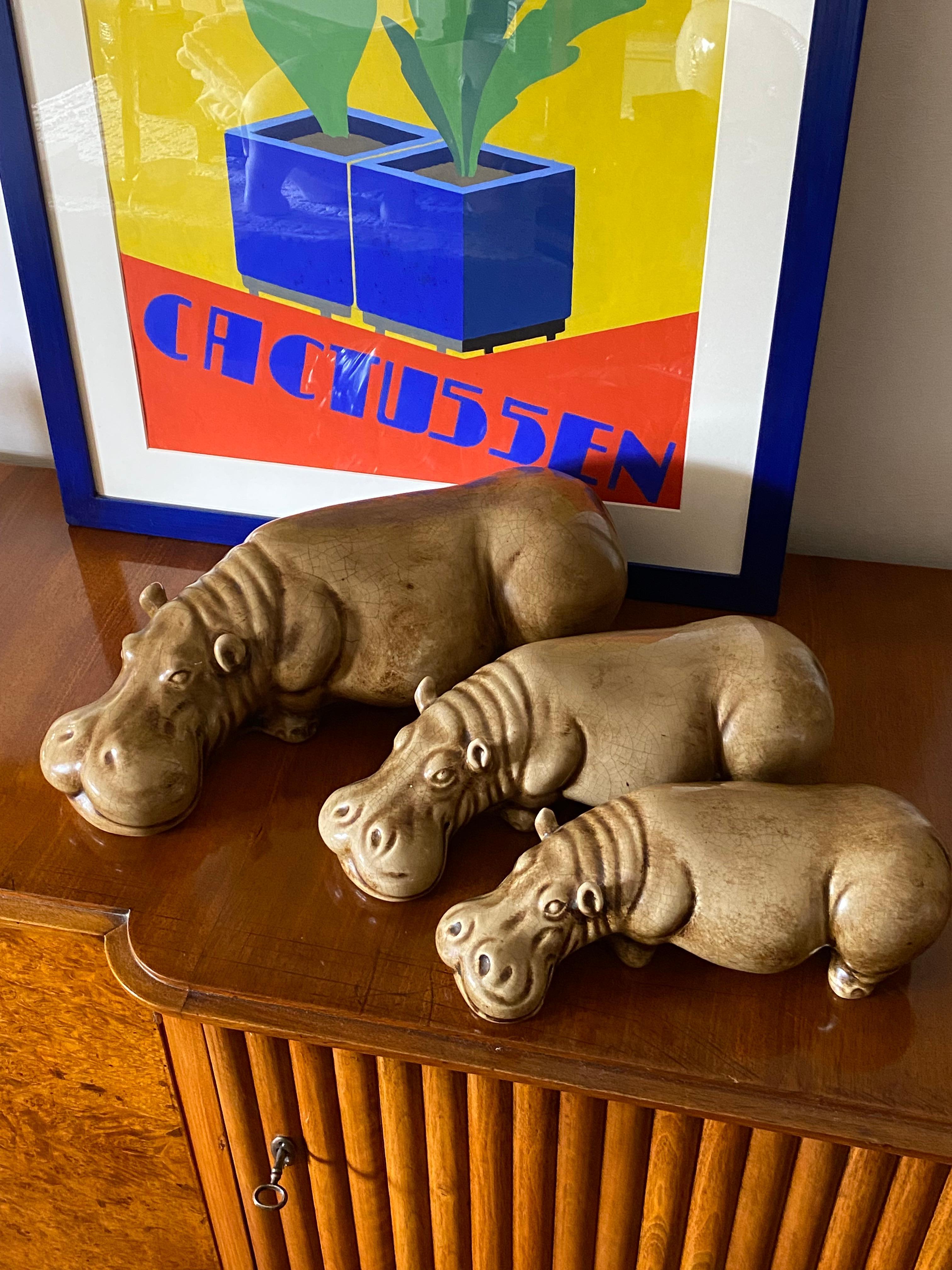 Mid-Century Modern Mid-century Set of 3 ceramic hippos, Zaccagnini Italy 1950s For Sale
