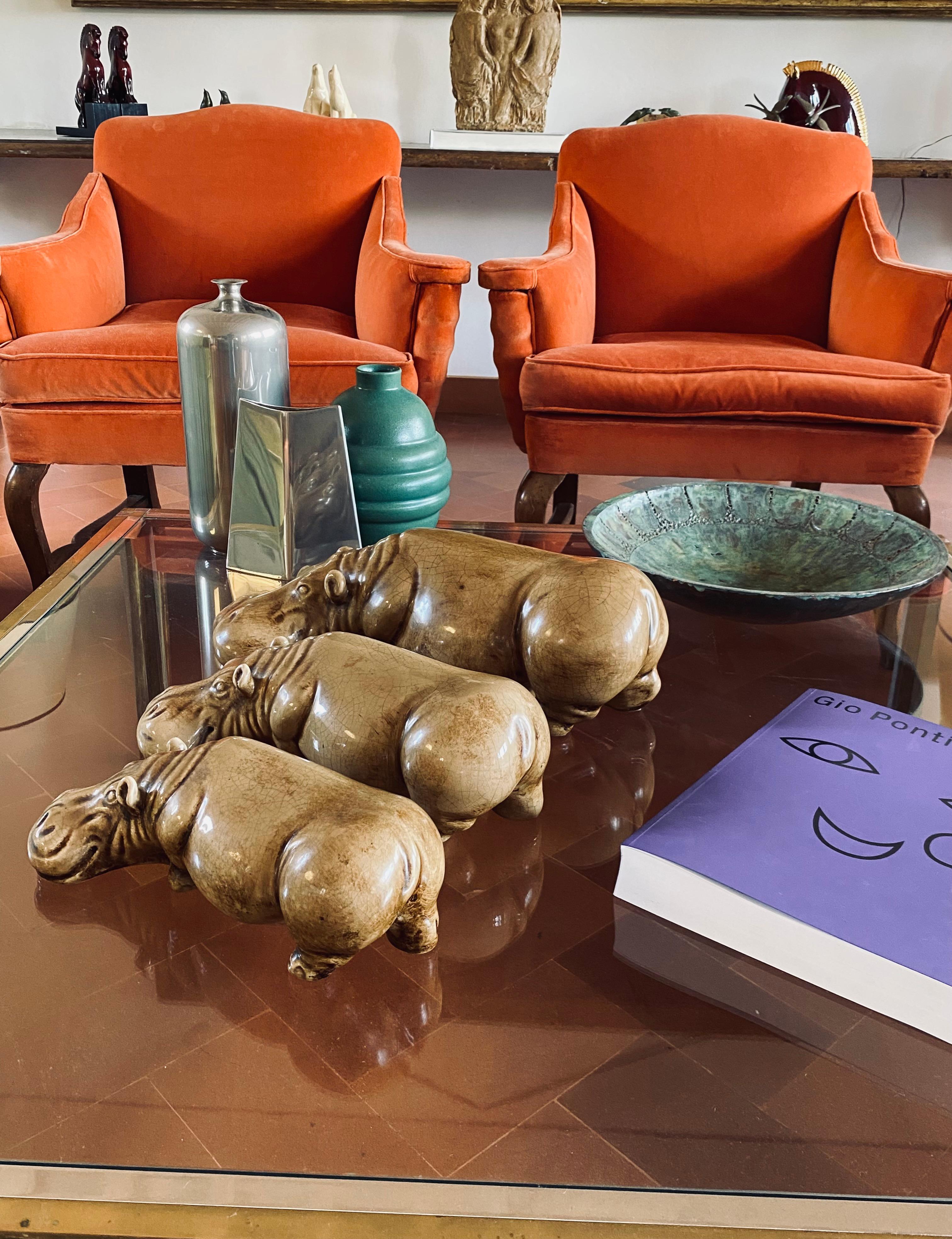 Italian Mid-century Set of 3 ceramic hippos, Zaccagnini Italy 1950s For Sale