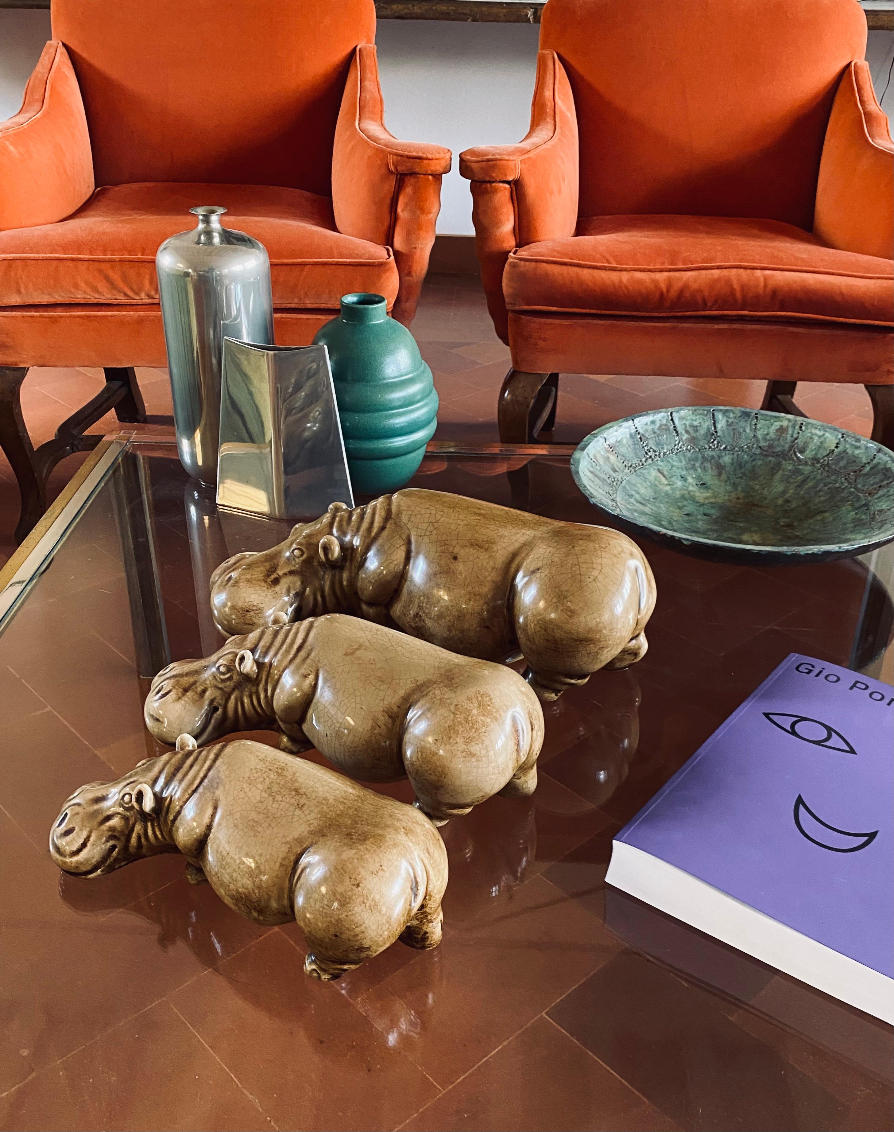 Mid-century Set of 3 ceramic hippos, Zaccagnini Italy 1950s In Excellent Condition For Sale In Firenze, IT