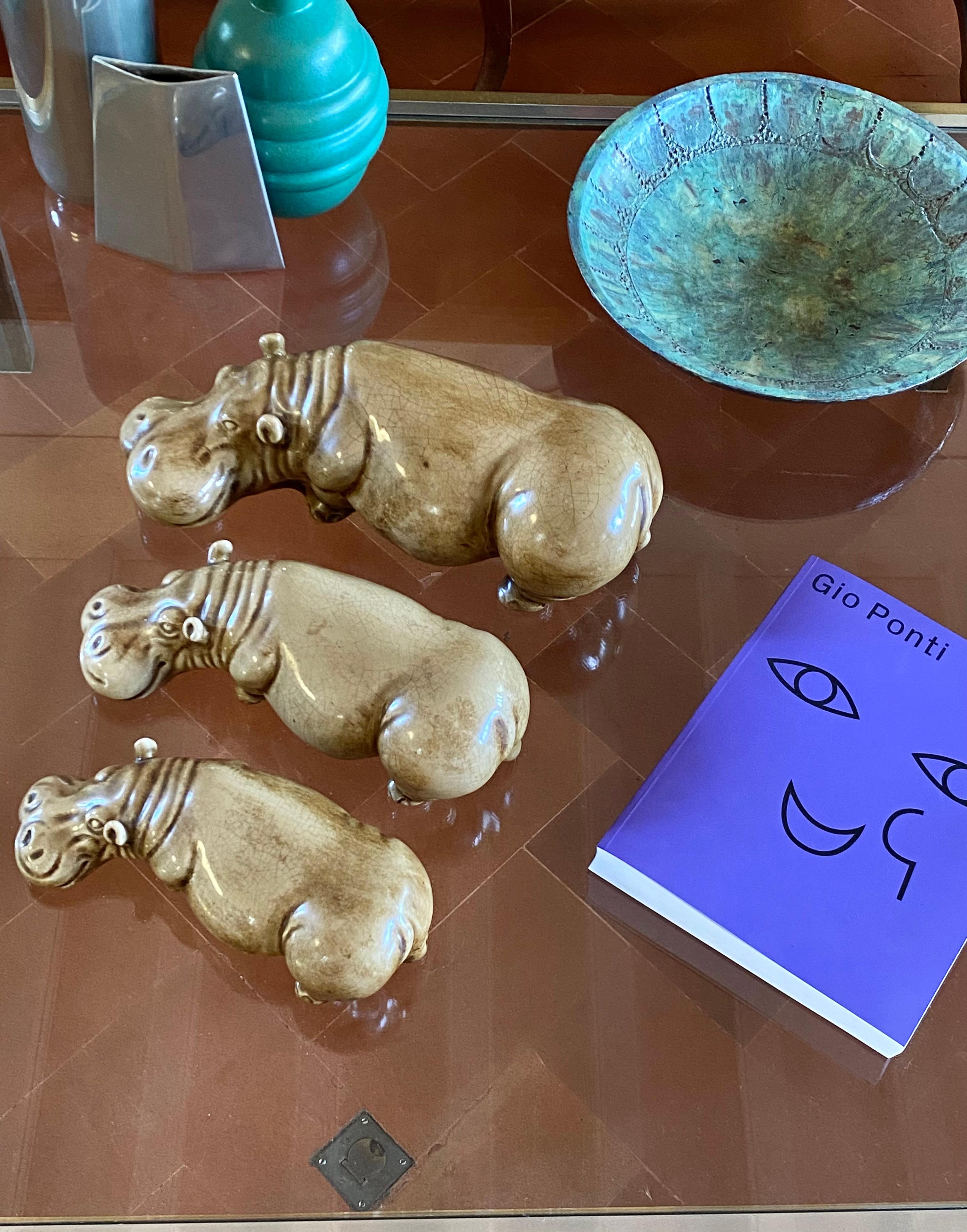 Mid-20th Century Mid-century Set of 3 ceramic hippos, Zaccagnini Italy 1950s For Sale