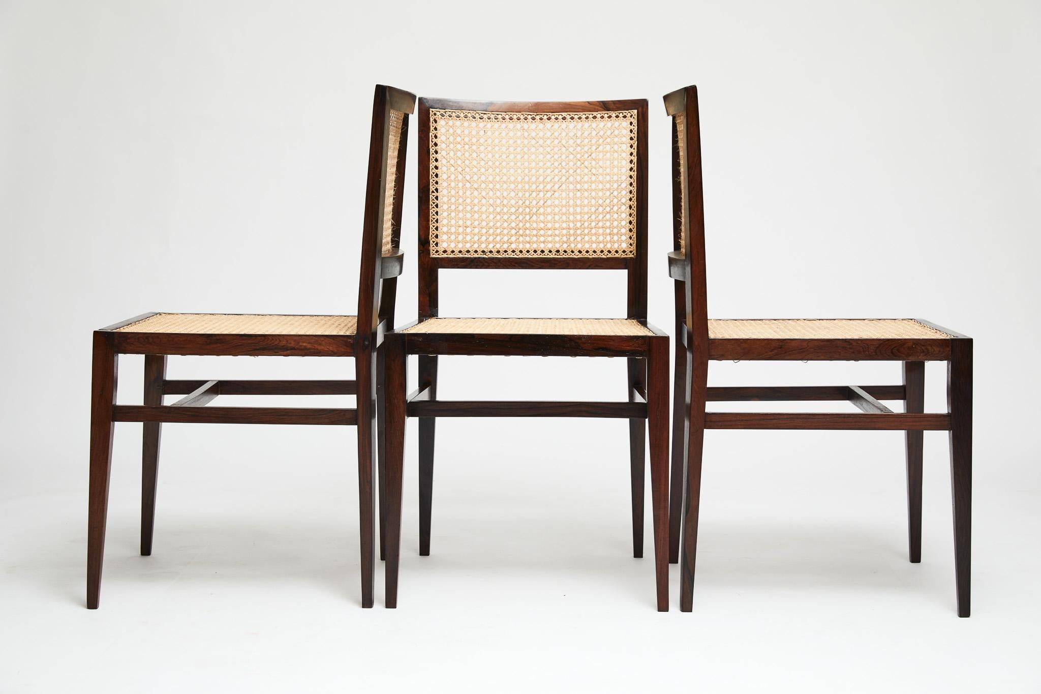 Brazilian Three Mid-Century Modern Hardwood & Cane Chairs by Joaquim Tenreiro, 1950 Brazil For Sale