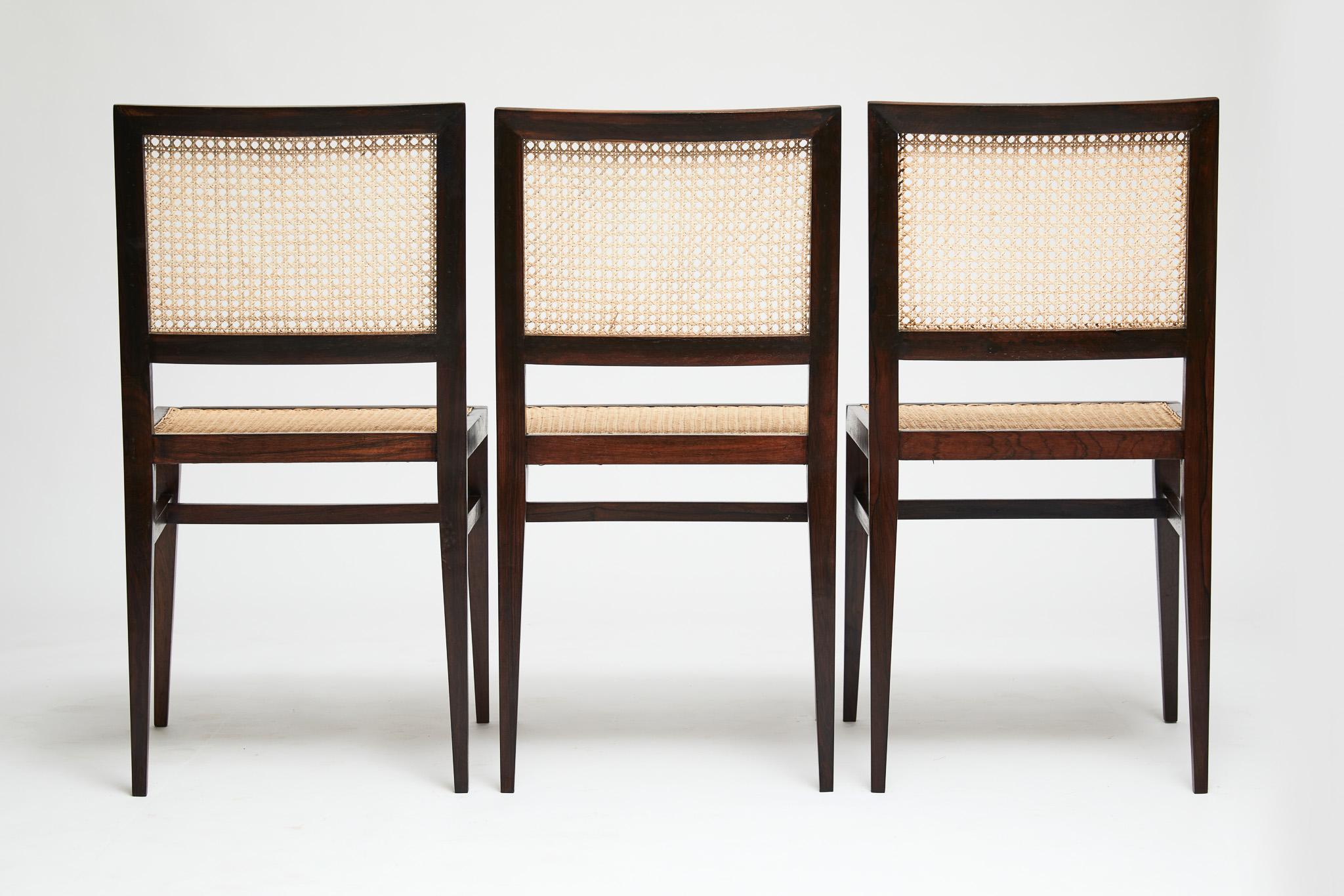 Hand-Painted Three Mid-Century Modern Hardwood & Cane Chairs by Joaquim Tenreiro, 1950 Brazil For Sale