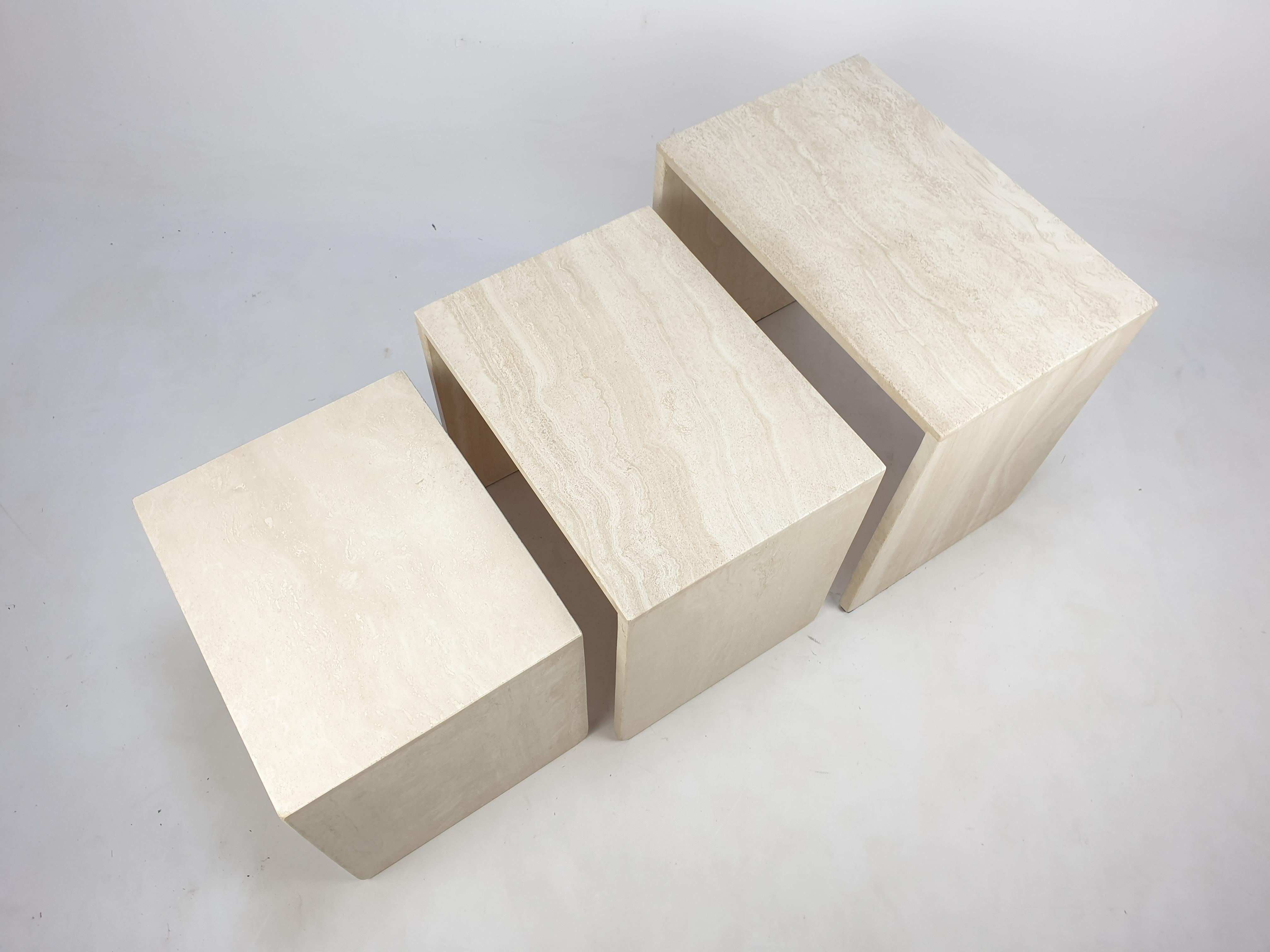 Late 20th Century Mid-Century Set of 3 Italian Travertine Coffee Tables, 1980s