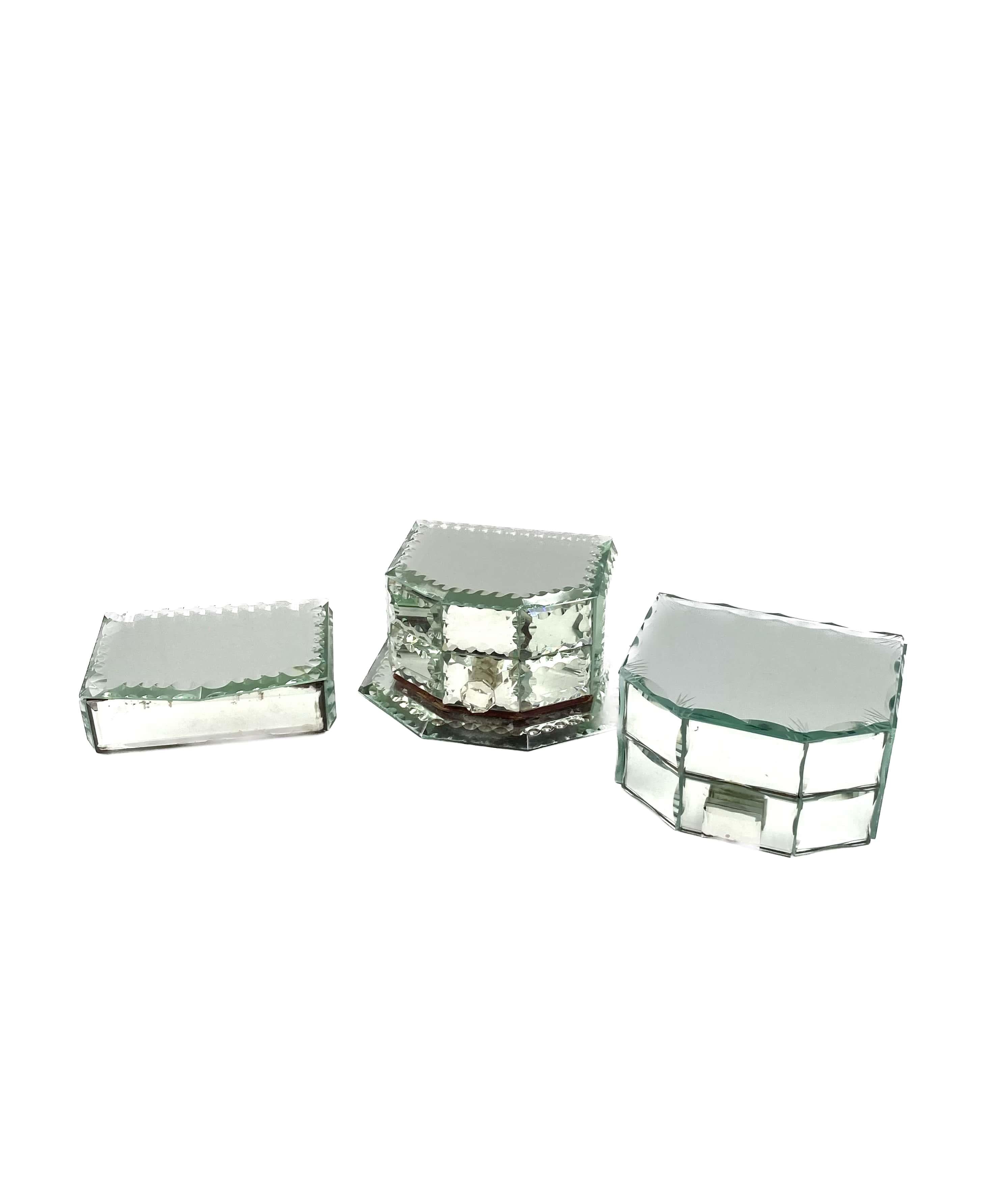 French Midcentury Set of 3 Mirrored Jewelry Boxes, France, 1940s For Sale