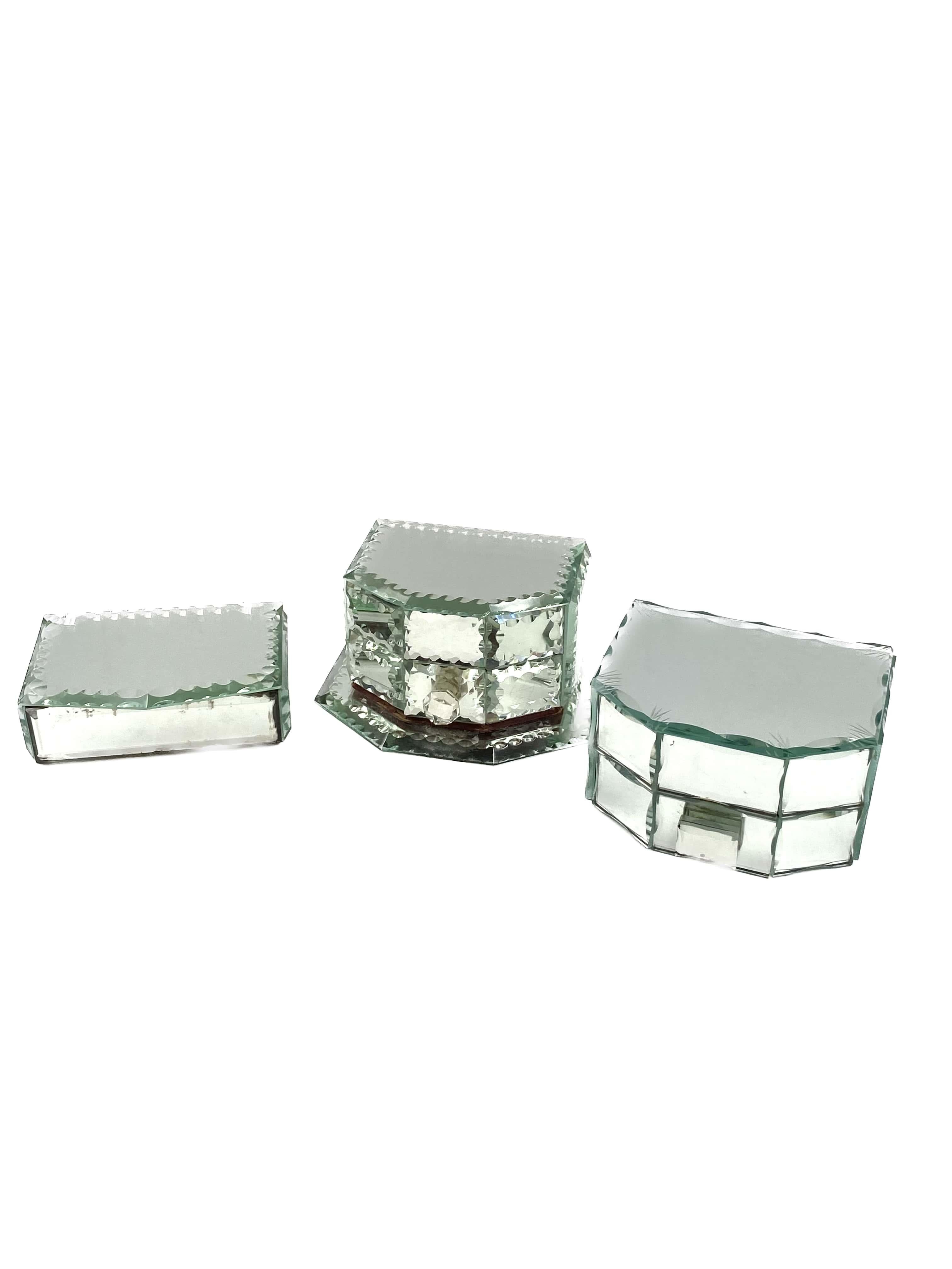 Midcentury Set of 3 Mirrored Jewelry Boxes, France, 1940s In Good Condition For Sale In Firenze, IT