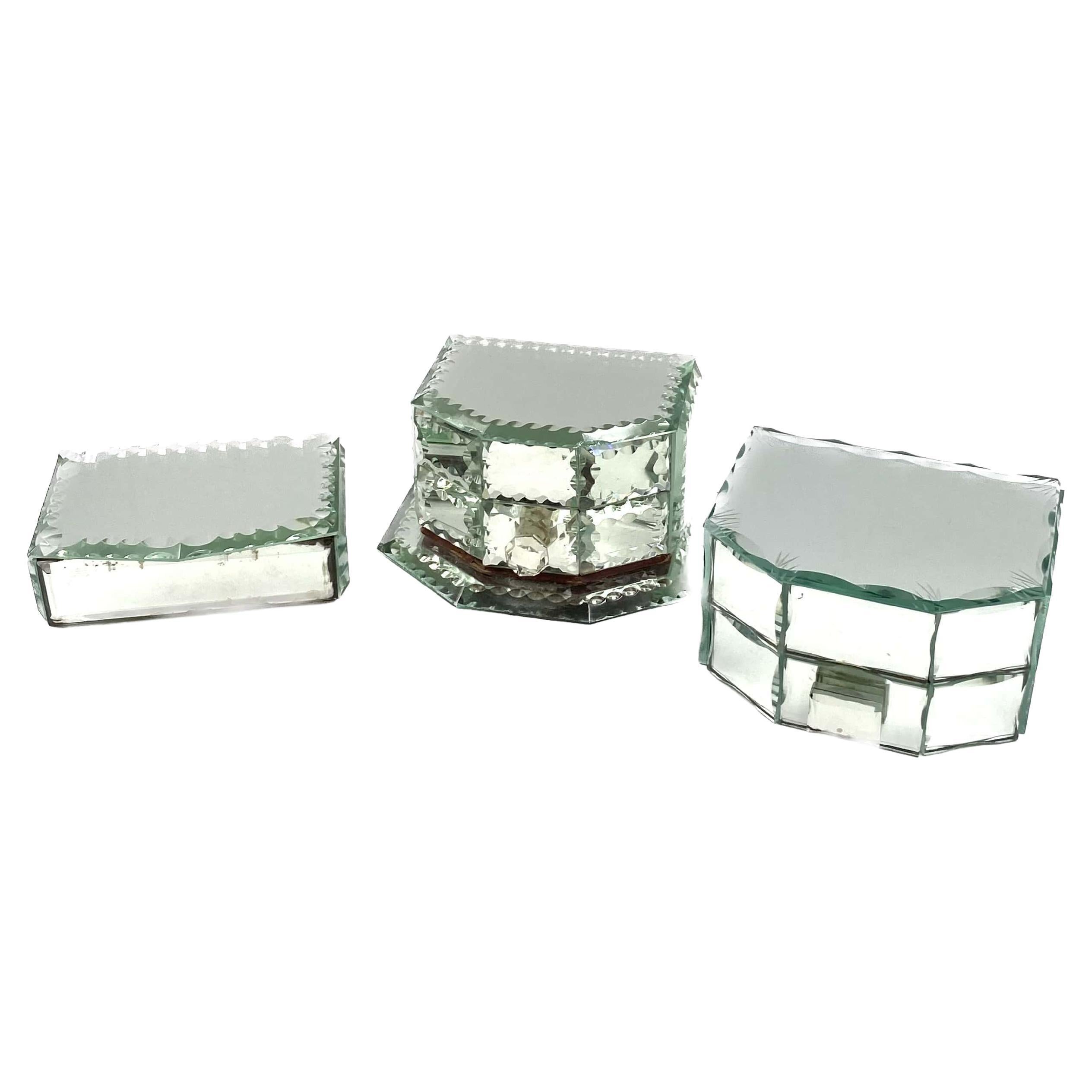 Midcentury Set of 3 Mirrored Jewelry Boxes, France, 1940s For Sale