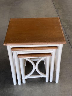 Mid-Century Set of 3 Whited Rattan Nesting Side Tables w/ Mahogany Top