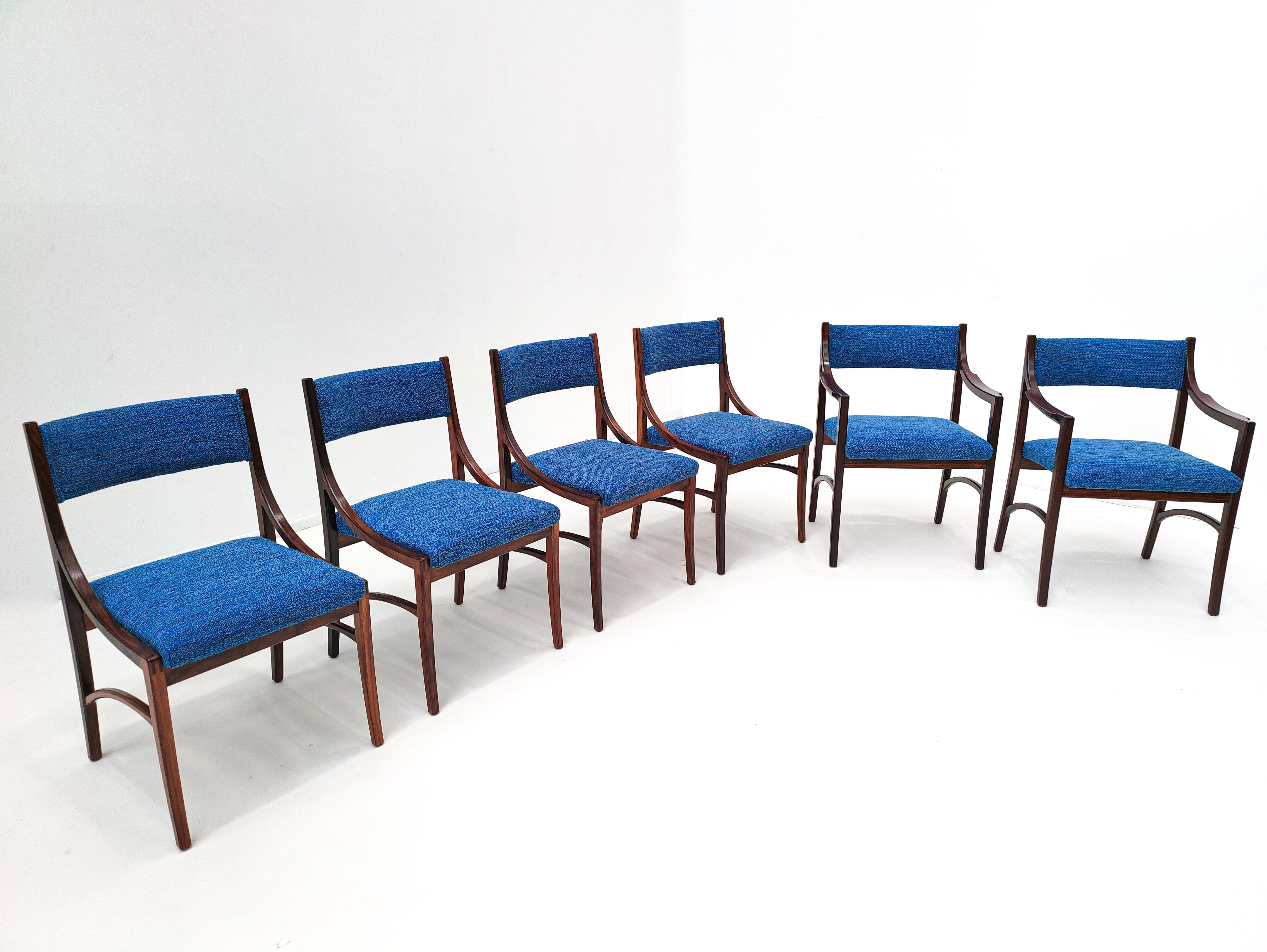Mid-Century Modern set of 4 chairs and 2 armchairs Model 110 by Ico Parisi, blue, Italy, 1960s
European design.