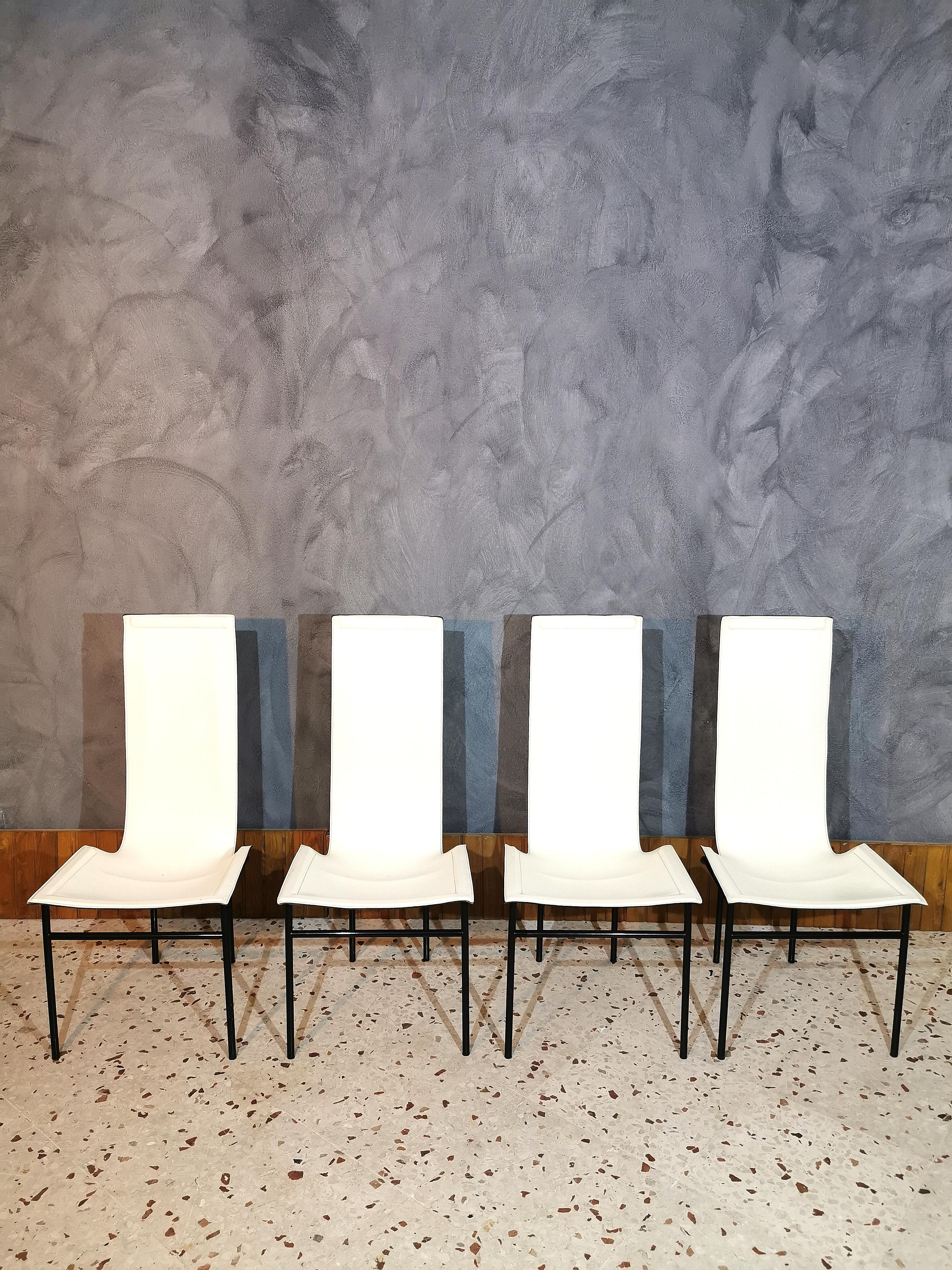 Italian Mid-Century Modern Dining Room Chairs White Leather Metal Italy 1980s Set of 4