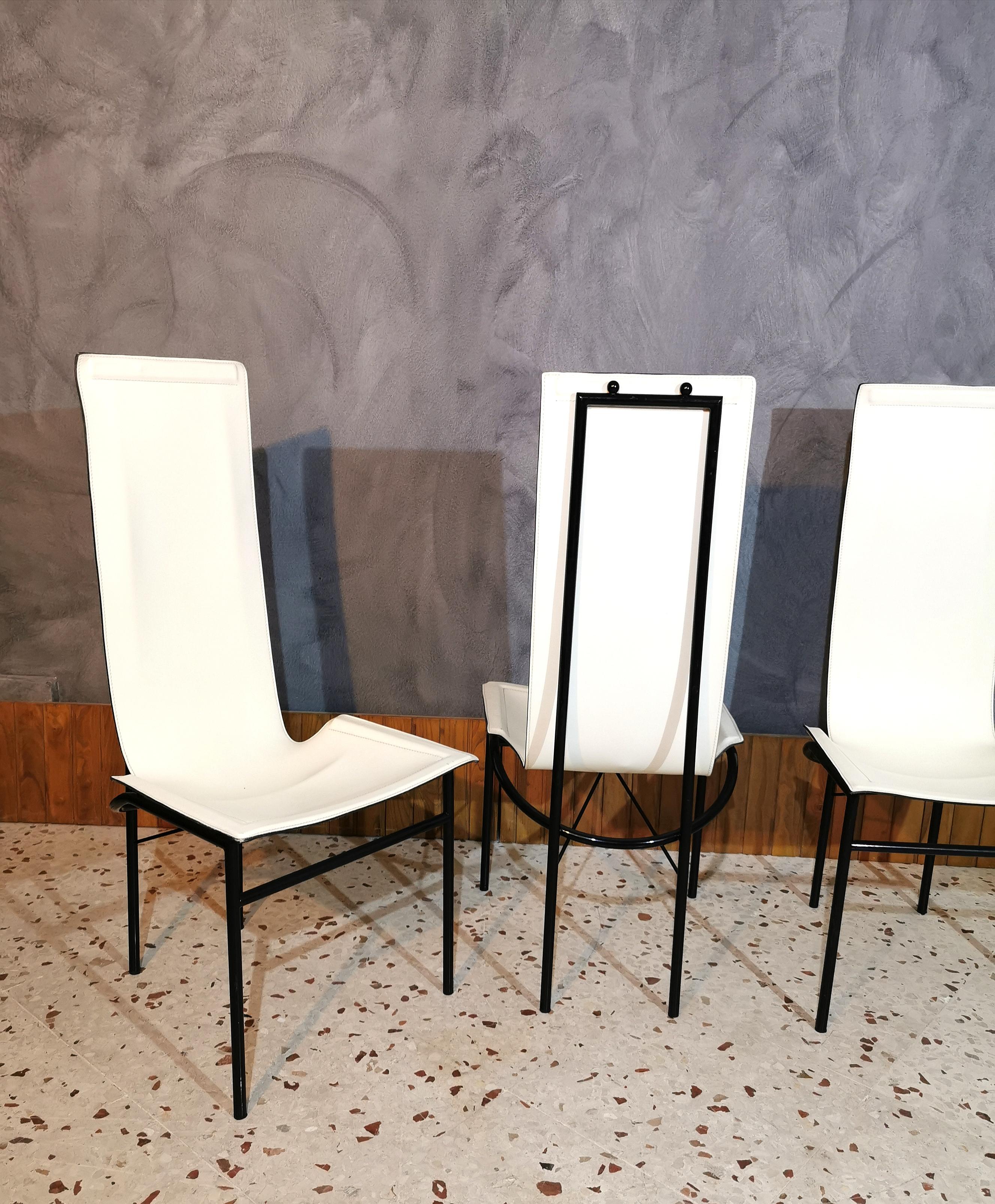 Mid-Century Modern Dining Room Chairs White Leather Metal Italy 1980s Set of 4 In Good Condition In Palermo, IT