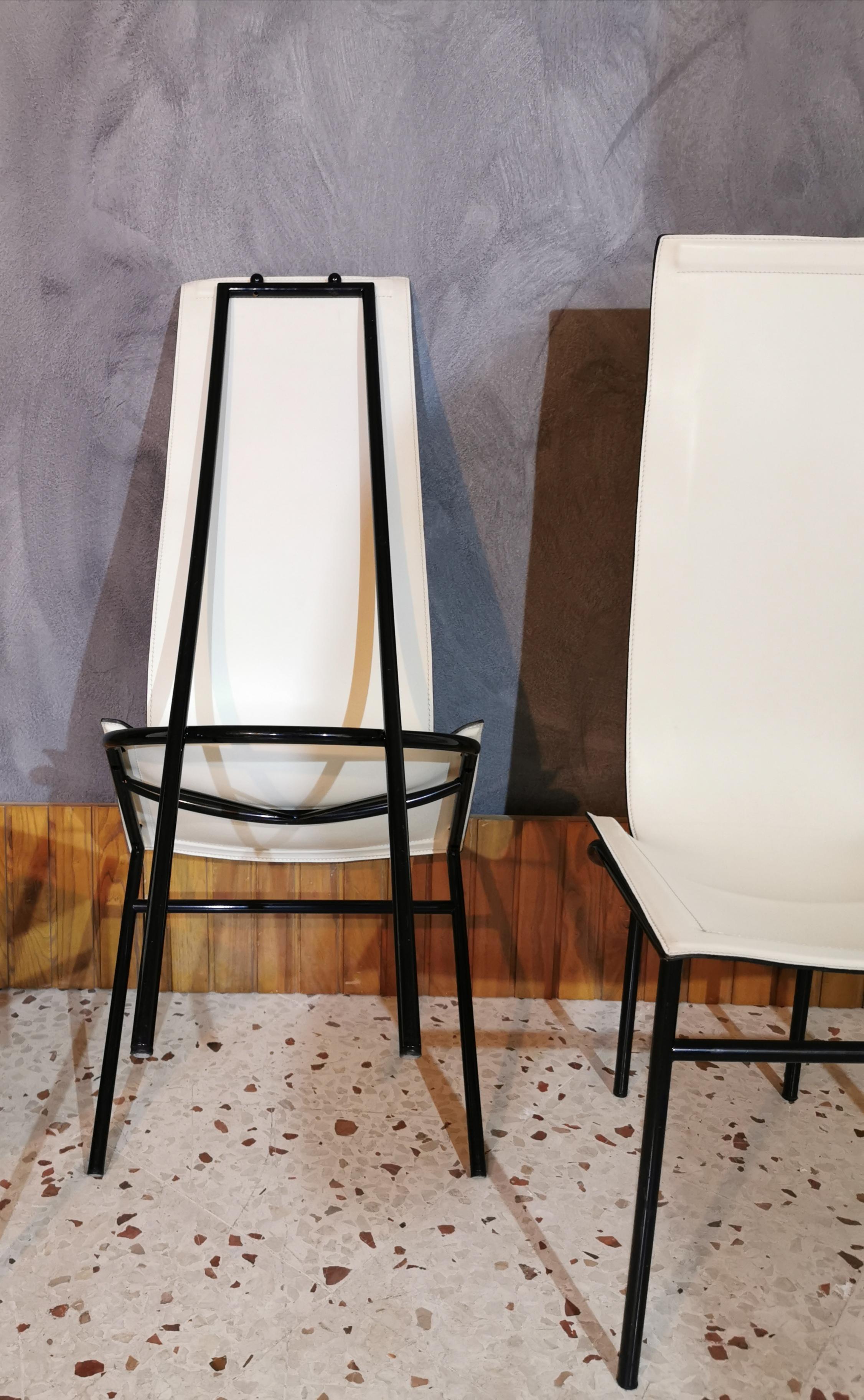 Late 20th Century Mid-Century Modern Dining Room Chairs White Leather Metal Italy 1980s Set of 4