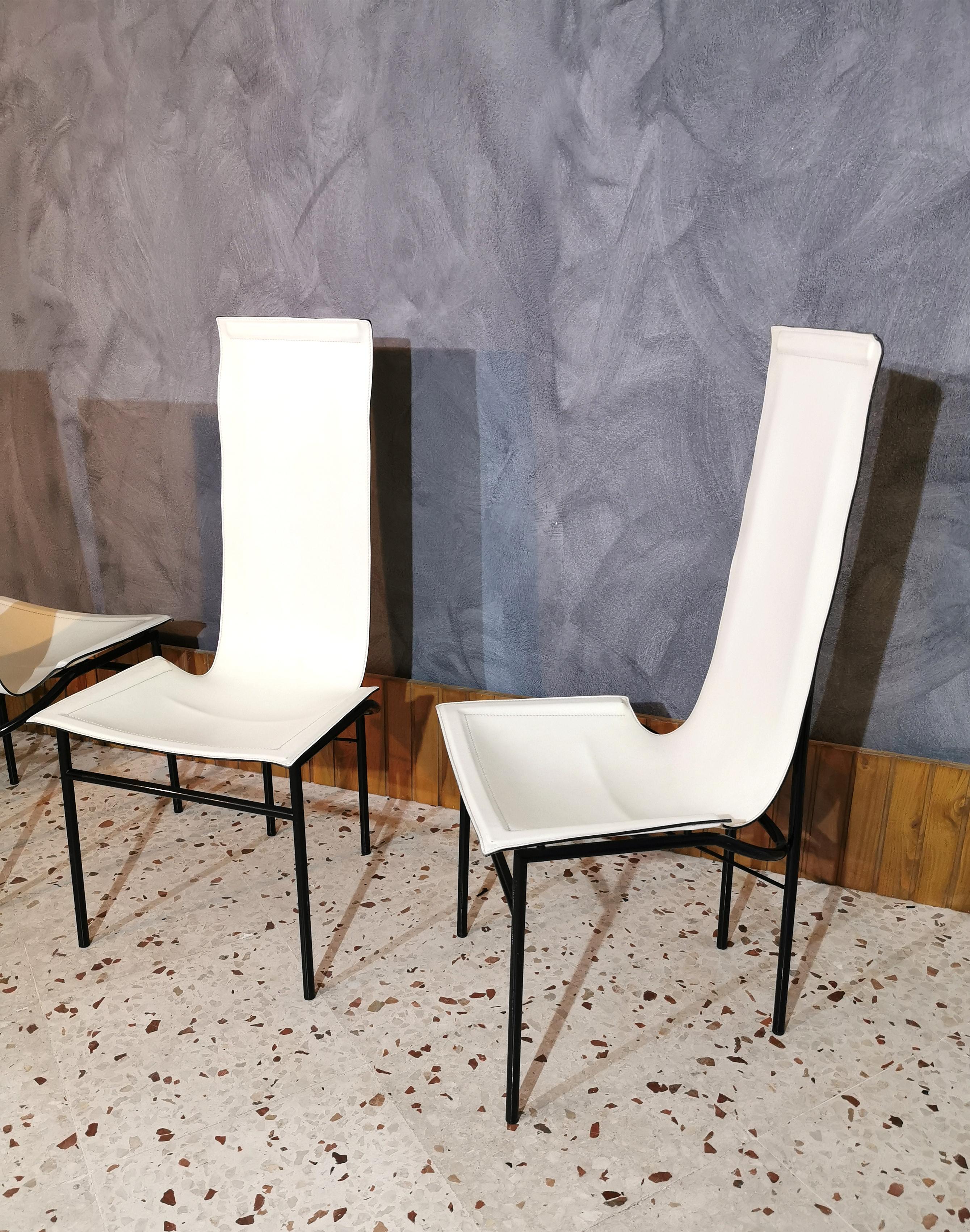 Mid-Century Modern Dining Room Chairs White Leather Metal Italy 1980s Set of 4 2