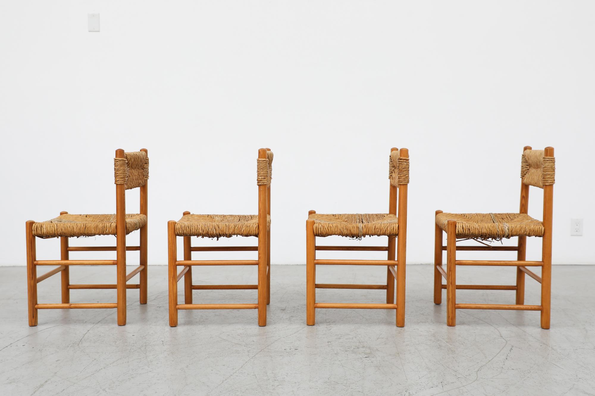 Dutch Mid-Century Set of 4 Charlotte Perriand Style Solid Pine and Rush Dining Chairs For Sale